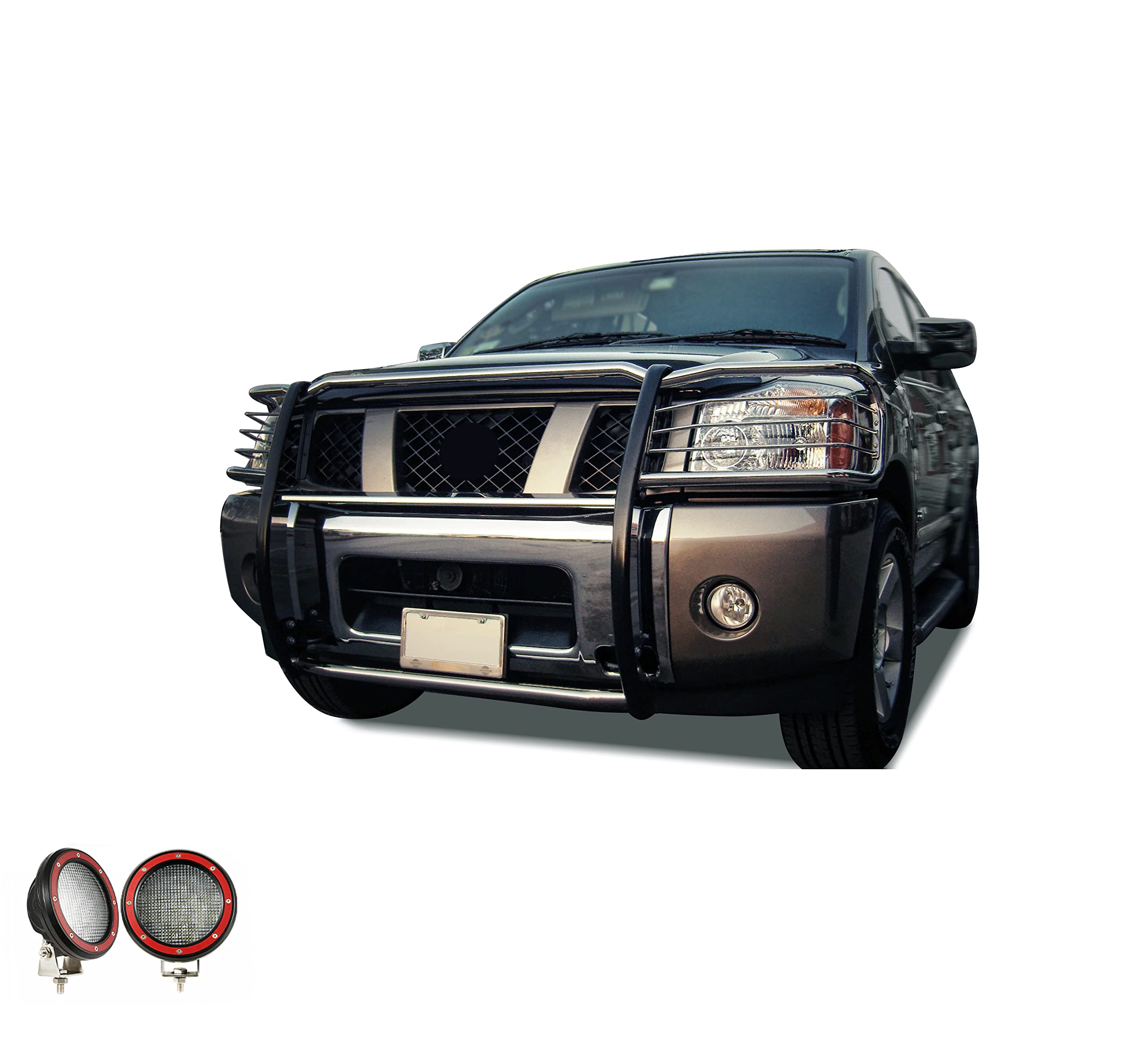 Grille Brush Black Horse Bumper Guard Modular Stainless Steel Come with Pair of 5.3" LED Light with Red Trim Rings Compatible with 2005-2015 Armada|2004-2015 Titan Crew Cab & King Cab-17NR26MSS-PLFR