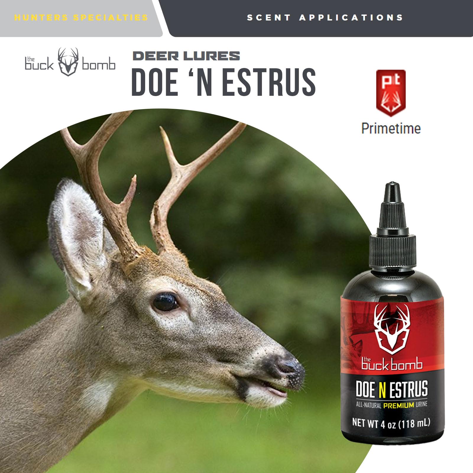Buck Bomb Hunters Specialties Natural Doe 'N Estrus Liquid Scent w/Wicks Deer Buck Lure Hunting Primetime Scent Attractant for Hunting, 4 Oz (118 ml.)