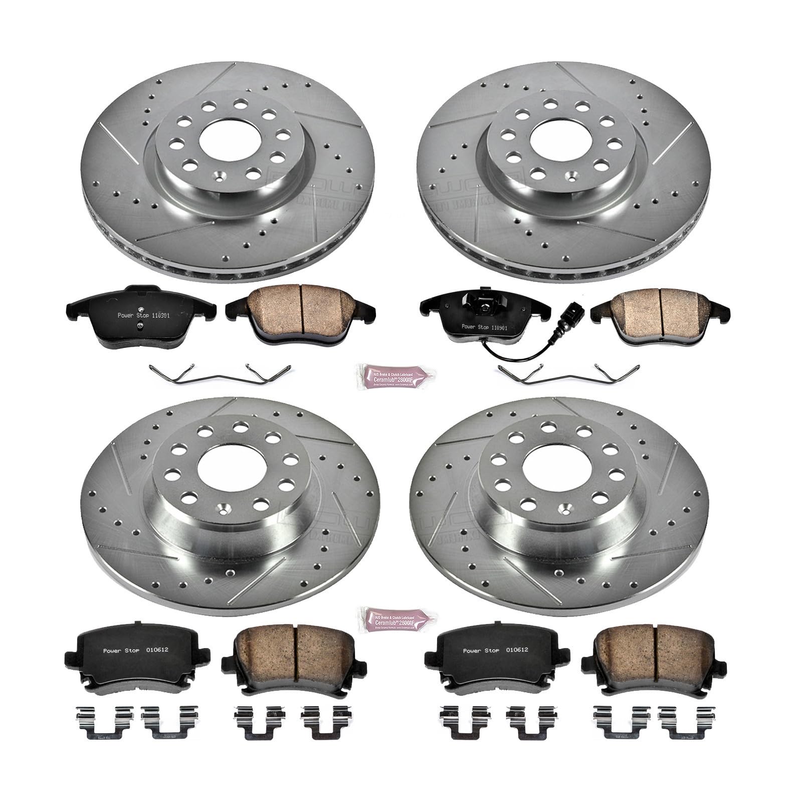 Power Stop K2757 Z23 Carbon Fiber Brake Pads Front and Rear with Drilled & Slotted Brake Rotors Kit For Volkswagen Tiguan 2009-2010 [Model Specific]