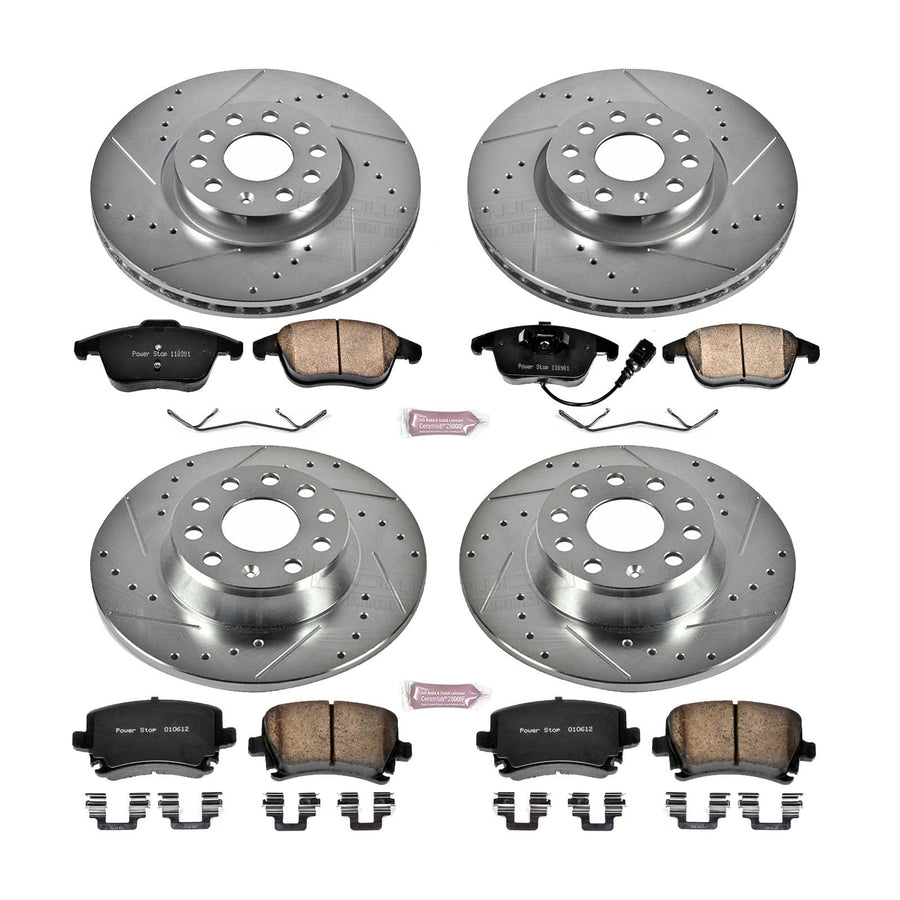 Power Stop K2757 Z23 Carbon Fiber Brake Pads Front and Rear with Drilled & Slotted Brake Rotors Kit For Volkswagen Tiguan 2009-2010 [Model Specific]