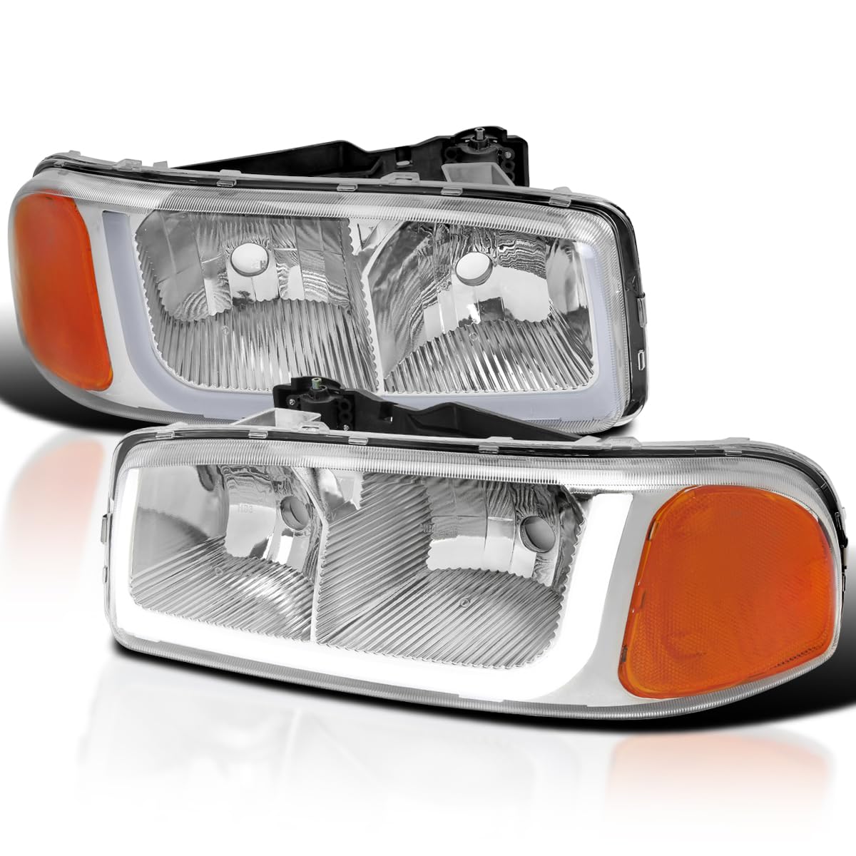 Headlights Lamps+LED Tube Strip SPEC-D TUNING Compatible with 1999-2006 GMC Sierra 1500/2500/3500, L+R Pair Head Light Lamp Assembly