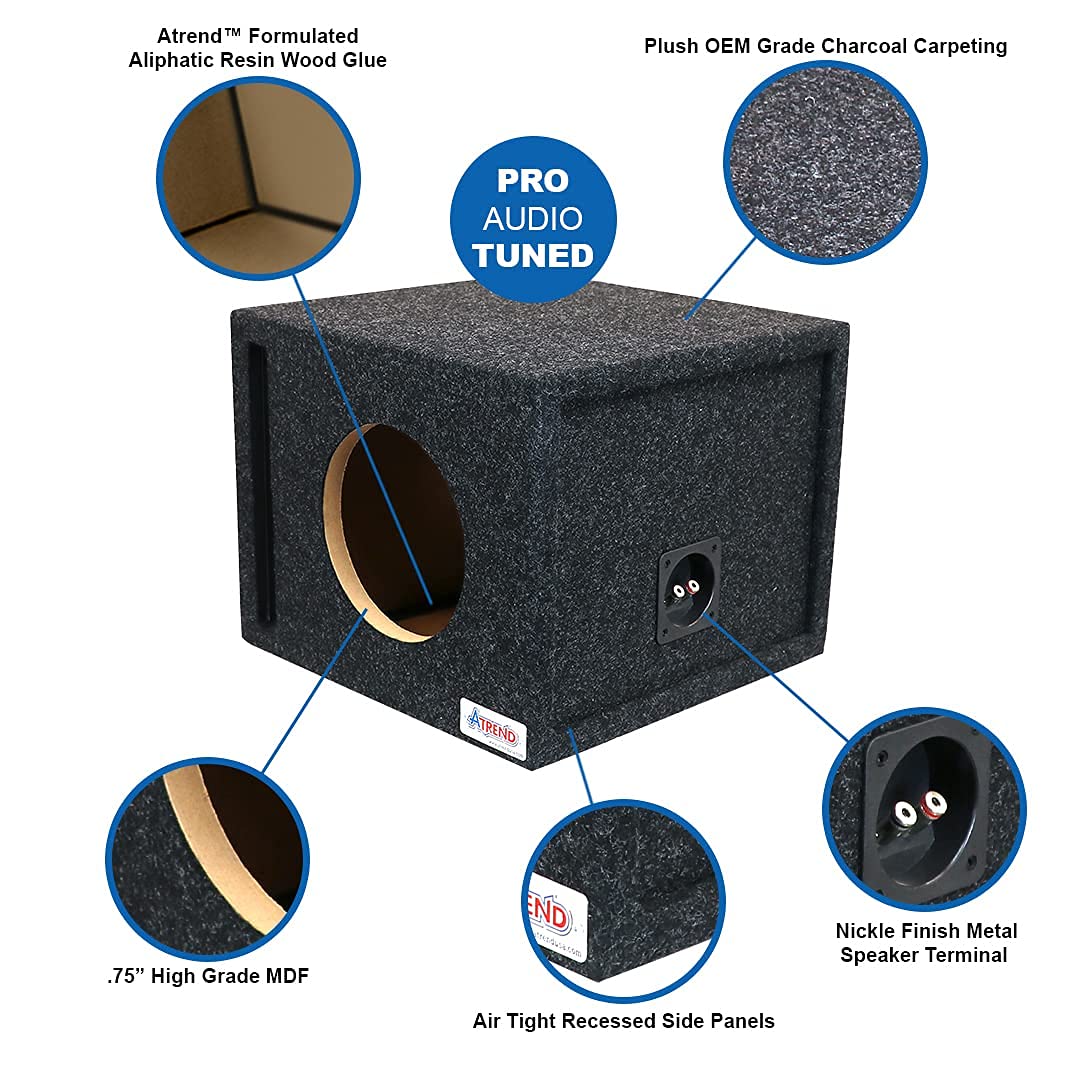 Atrend 8 inch SPL Tune Single Vented Subwoofer Box - Improves Audio Quality, Sound & Bass - Woofer Specific Enclosure Certified - Designed, Engineered in USA - Nickel Finish Speaker Terminal