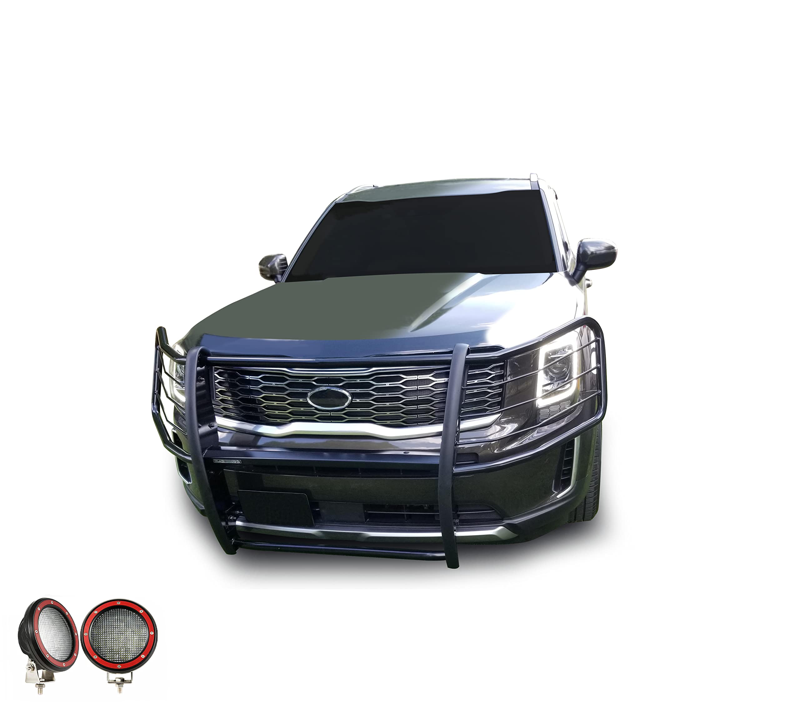 Grille Brush Black Horse Bumper Guard Modular Black Come with Pair of 5.3" Dia.LED Lights with Red Trim Rings Compatible with 2020-2024 Kia Telluride-17KI01MA-PLFR