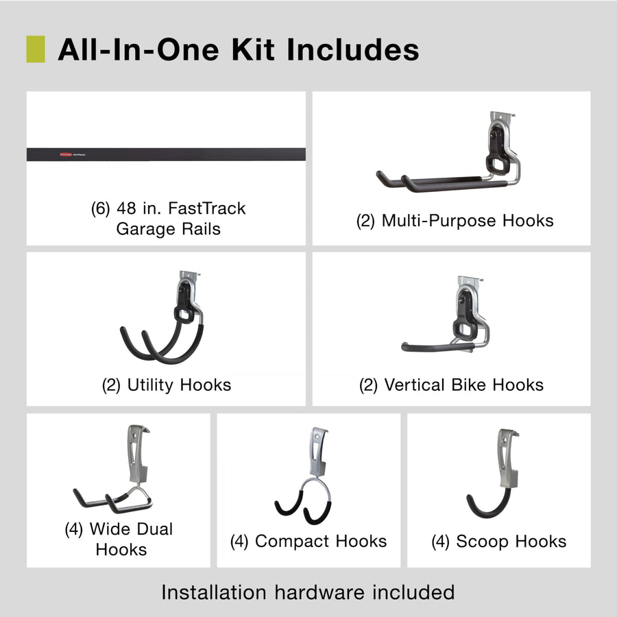 24-Piece Rubbermaid FastTrack Garage Wall-Mounted Storage Kit, 6 Rails and 18 Hooks, Black, for Home/House/Tool/Sports/Equipment/Utility Purposes