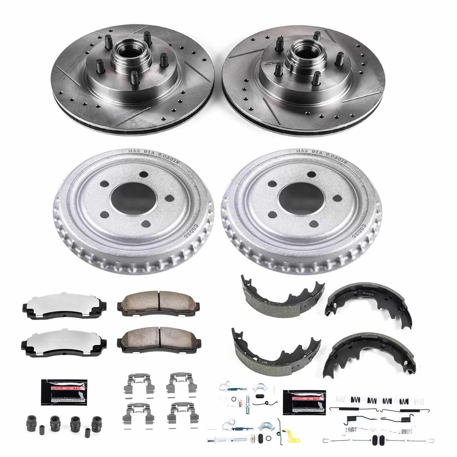 Power Stop Brake Kit Front and Rear For 2003 2004 2005 2006 2007 2008 2009 Ford Ranger - Truck & Tow Carbon Fiber Ceramic Pads, Drums, & Drilled and Slotted Rotors Replacement, K15154DK-36