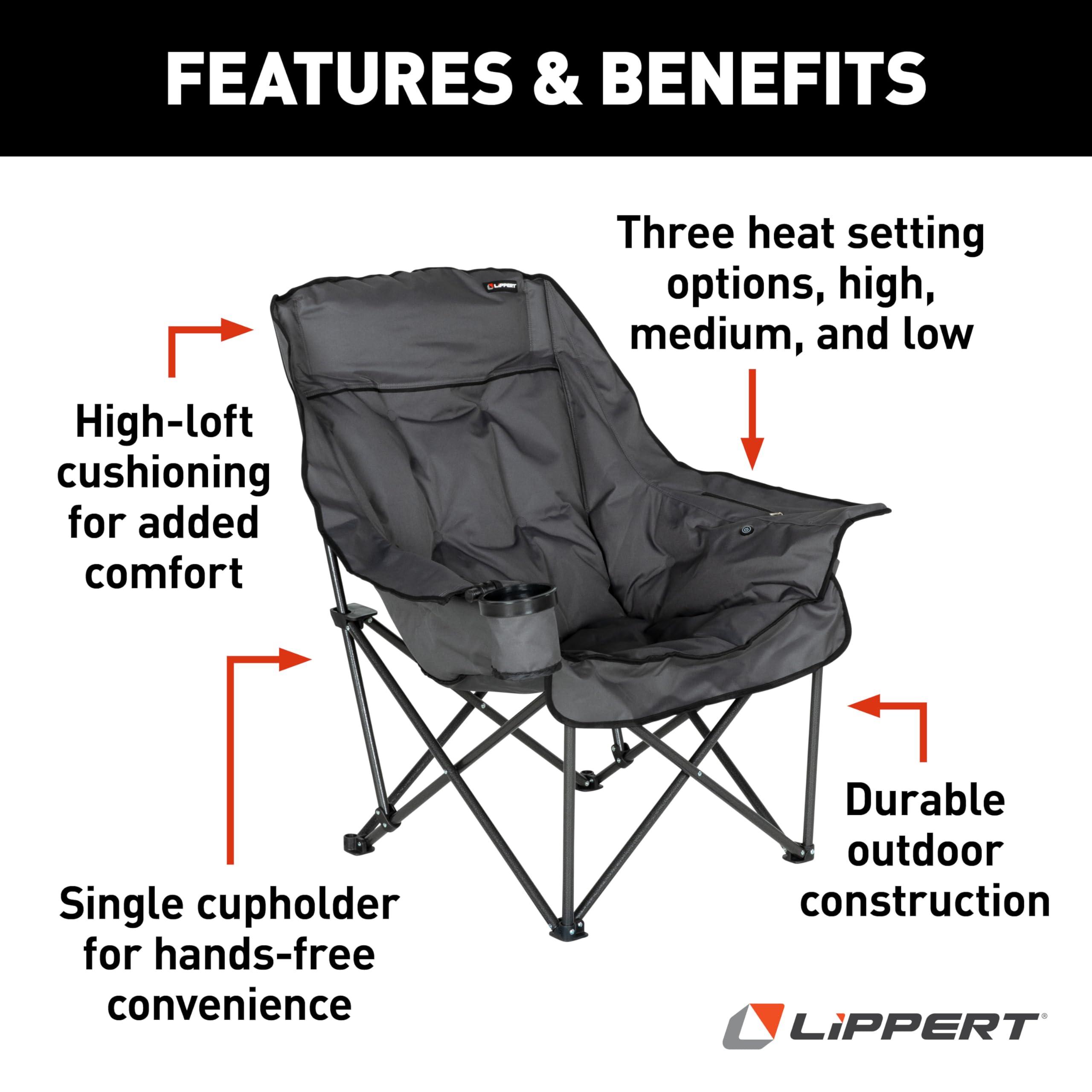 Lippert Heated Big Bear Dark Grey Folding Camping Chair with Power Bank, Two Heat Zones, 400-lb. Weight Capacity, 600D Polyester Fabric, High-Loft Cushioning, Zippered Carrying Bag - 2024043334