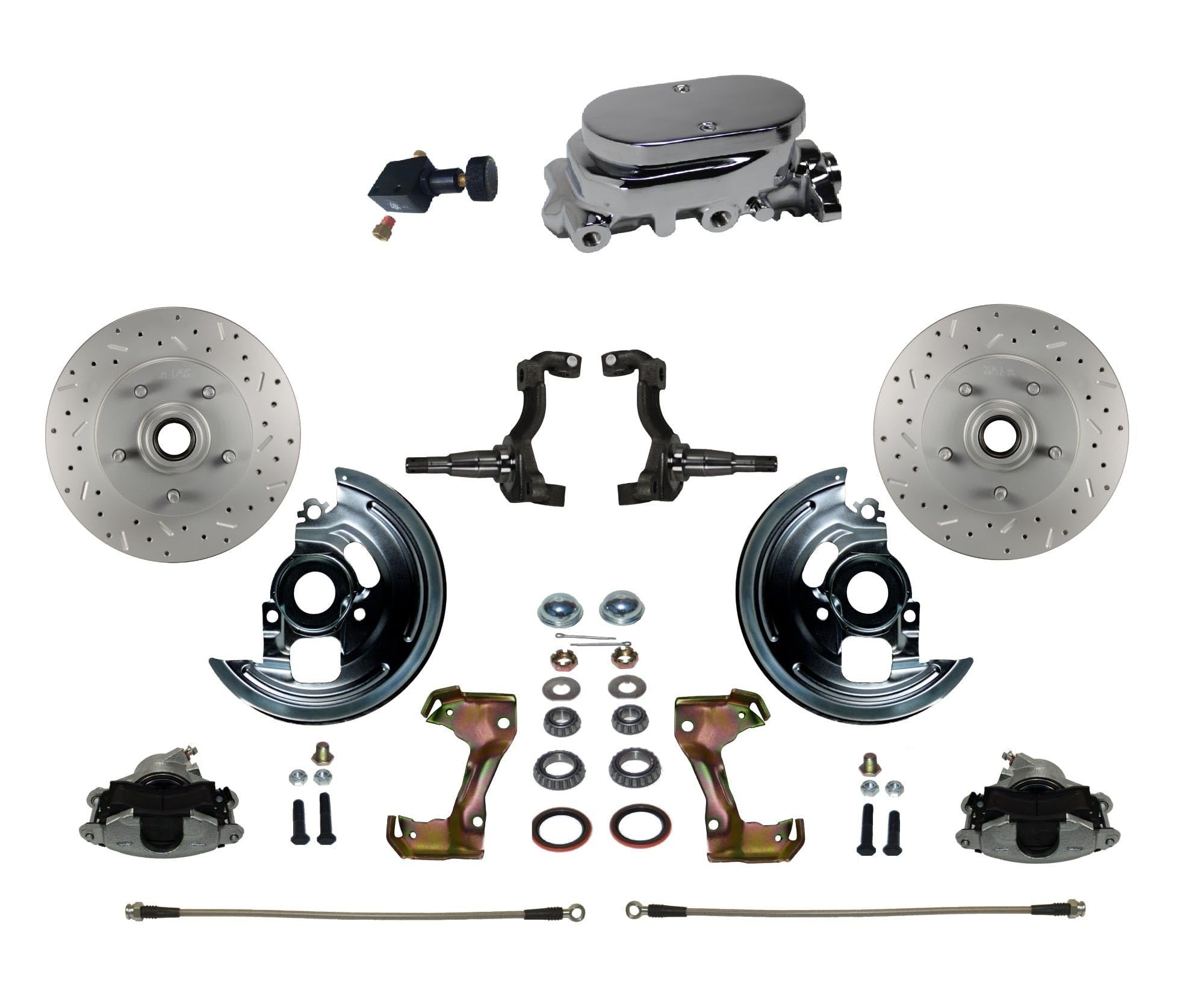Manual Front Disc Brake Conversion Kit LEED BRAKES Cross Drilled And Slotted With Chrome Aluminum Flat Top M/C Adjustable Proportioning Valve