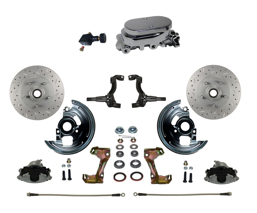 Manual Front Disc Brake Conversion Kit LEED BRAKES Cross Drilled And Slotted With Chrome Aluminum Flat Top M/C Adjustable Proportioning Valve