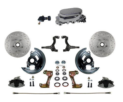 Manual Front Disc Brake Conversion Kit LEED BRAKES Cross Drilled And Slotted With Chrome Aluminum Flat Top M/C Adjustable Proportioning Valve
