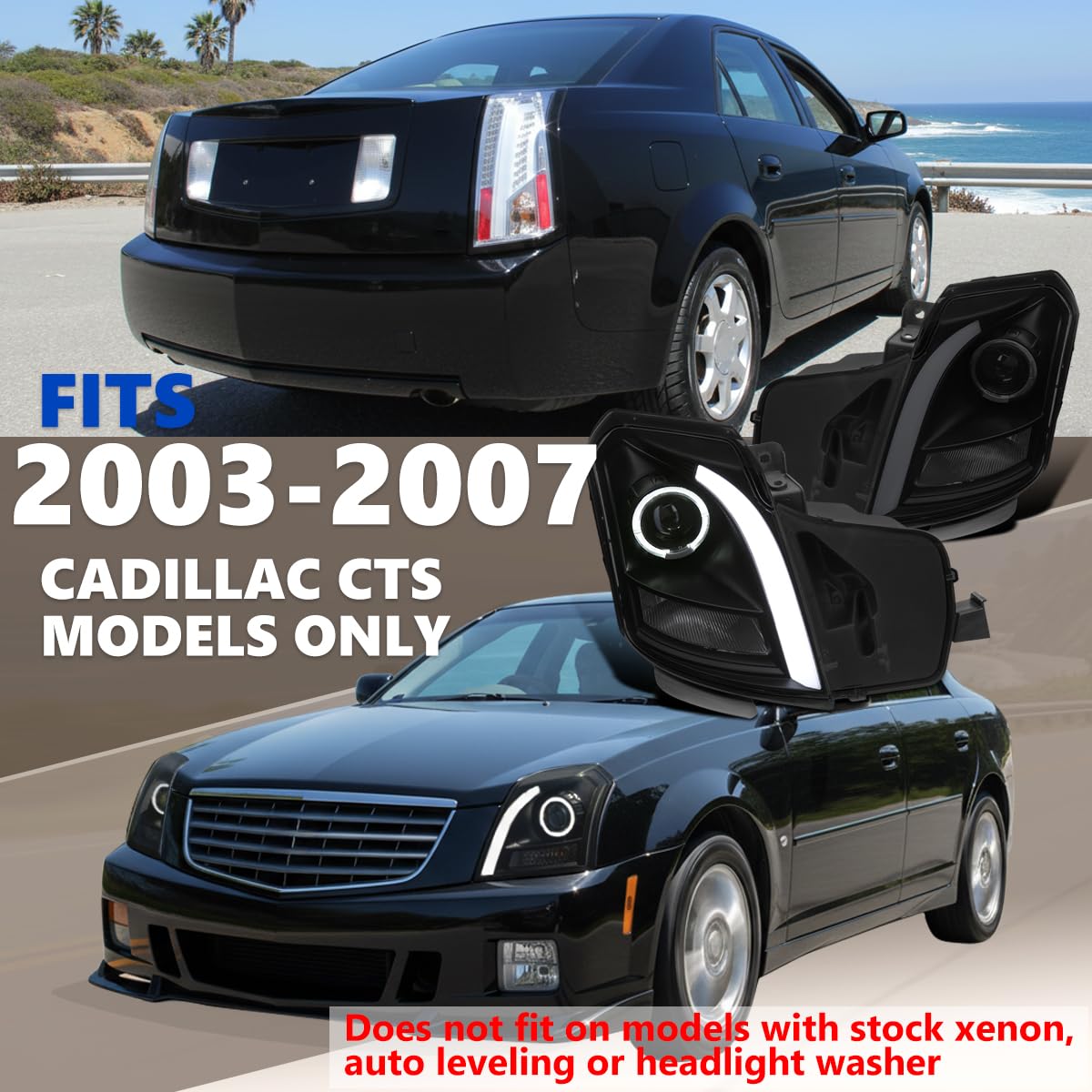 Black Smoke SPEC-D TUNING Halo Projector Headlights w/Switchback LED Signal Tube Compatible with 2003-2007 Cadillac CTS, Left + Right Pair Headlamps Assembly