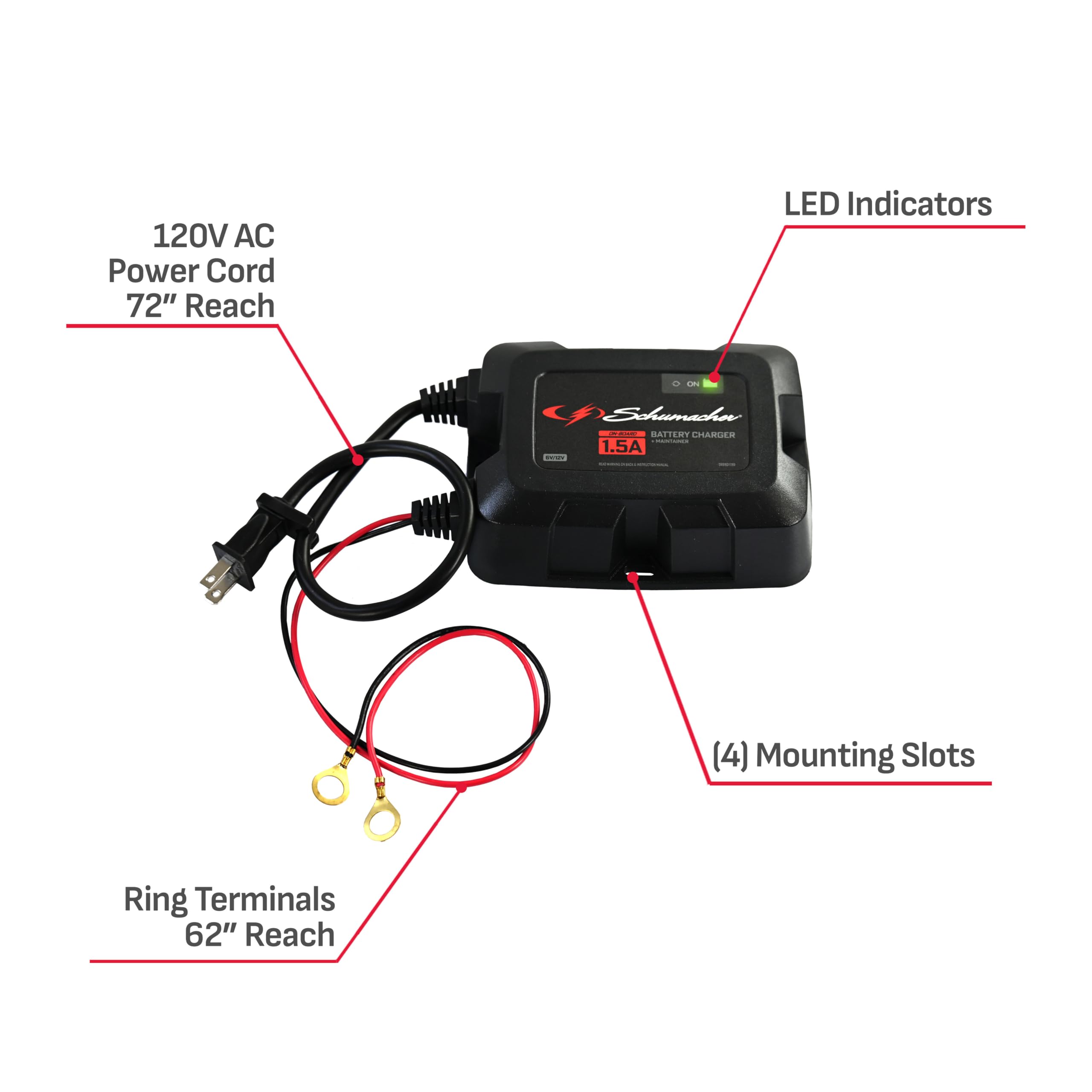 1.5A Schumacher Electric Onboard Car Battery Charger and Maintainer, 3-in-1 Solution, for 6V/12V Power Sport, Automotive, and Marine Batteries, SC1587