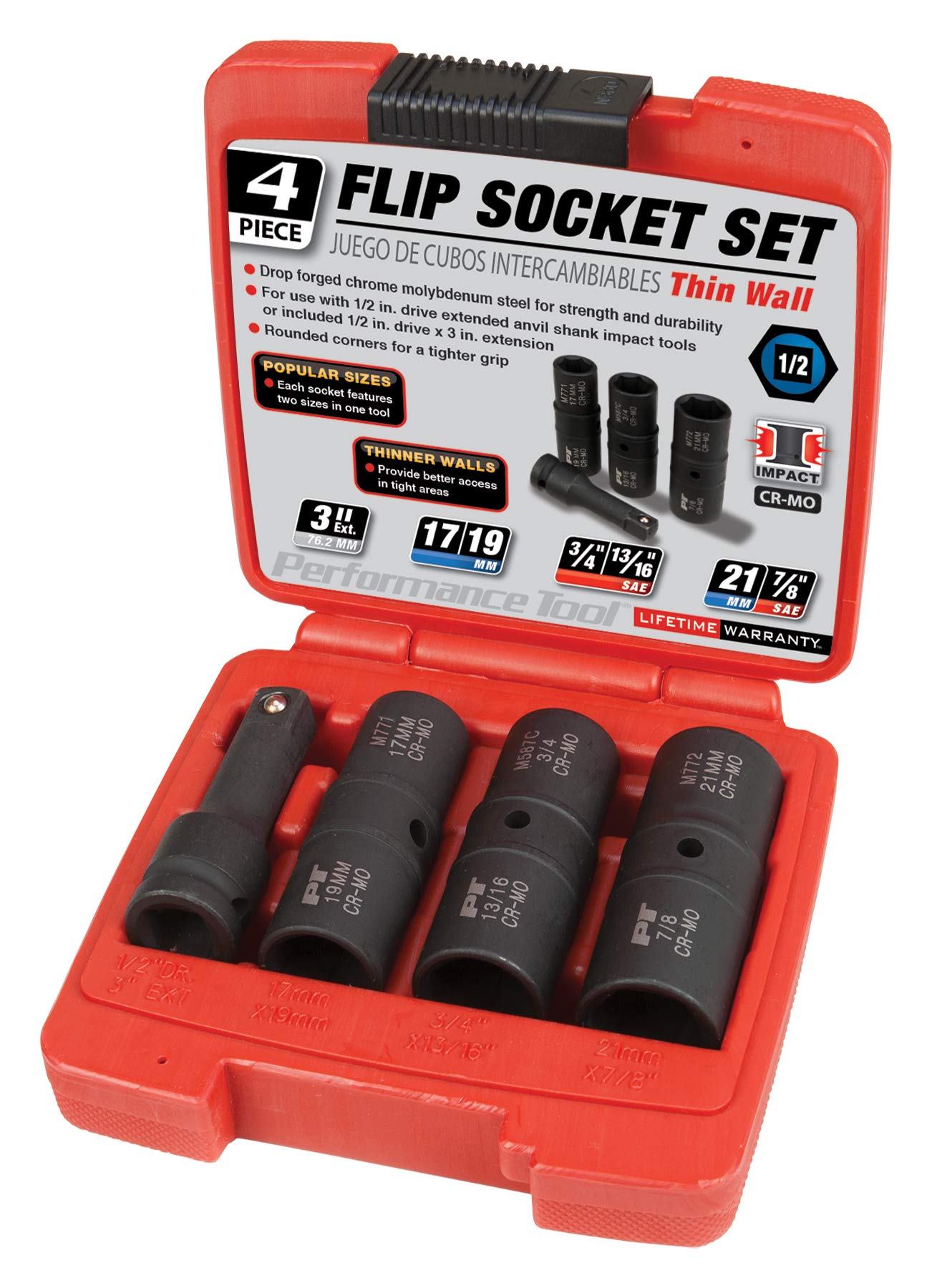 M774 Performance Tool 1/2-Inch Drive Flip Socket Set - 4-Piece Metric & SAE Kit with Thin Wall Design for Lug Nuts, Wheel Bolts & More
