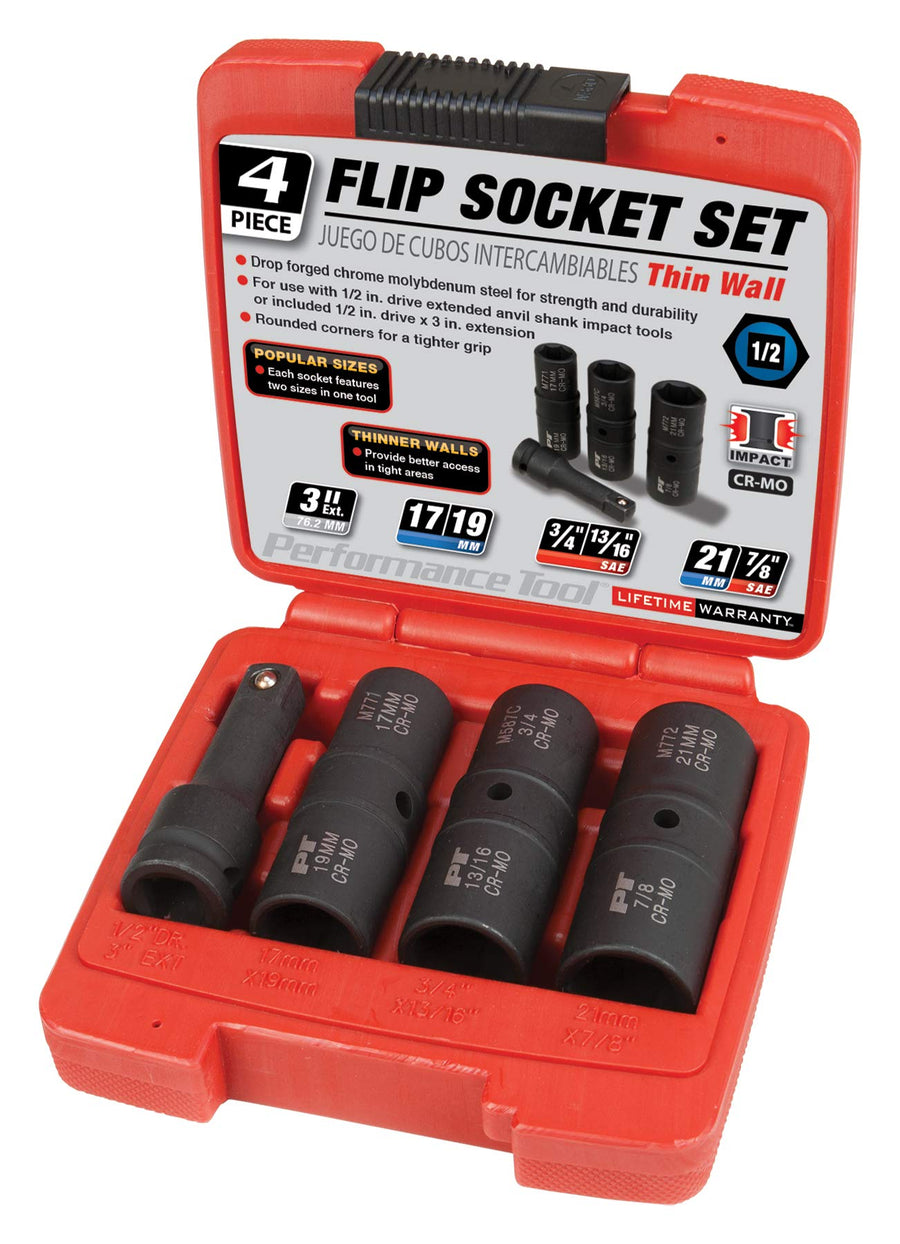 M774 Performance Tool 1/2-Inch Drive Flip Socket Set - 4-Piece Metric & SAE Kit with Thin Wall Design for Lug Nuts, Wheel Bolts & More
