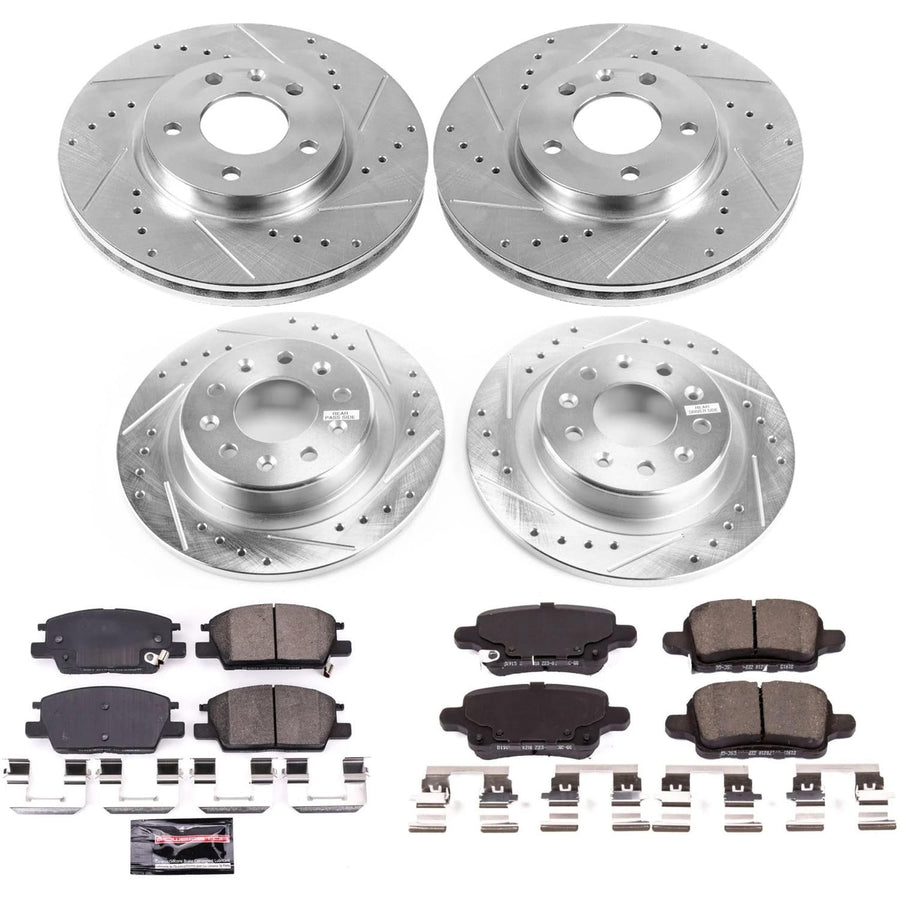 Power Stop K7564 Z23 Carbon Fiber Brake Pads Front and Rear with Drilled & Slotted Brake Rotors Kit