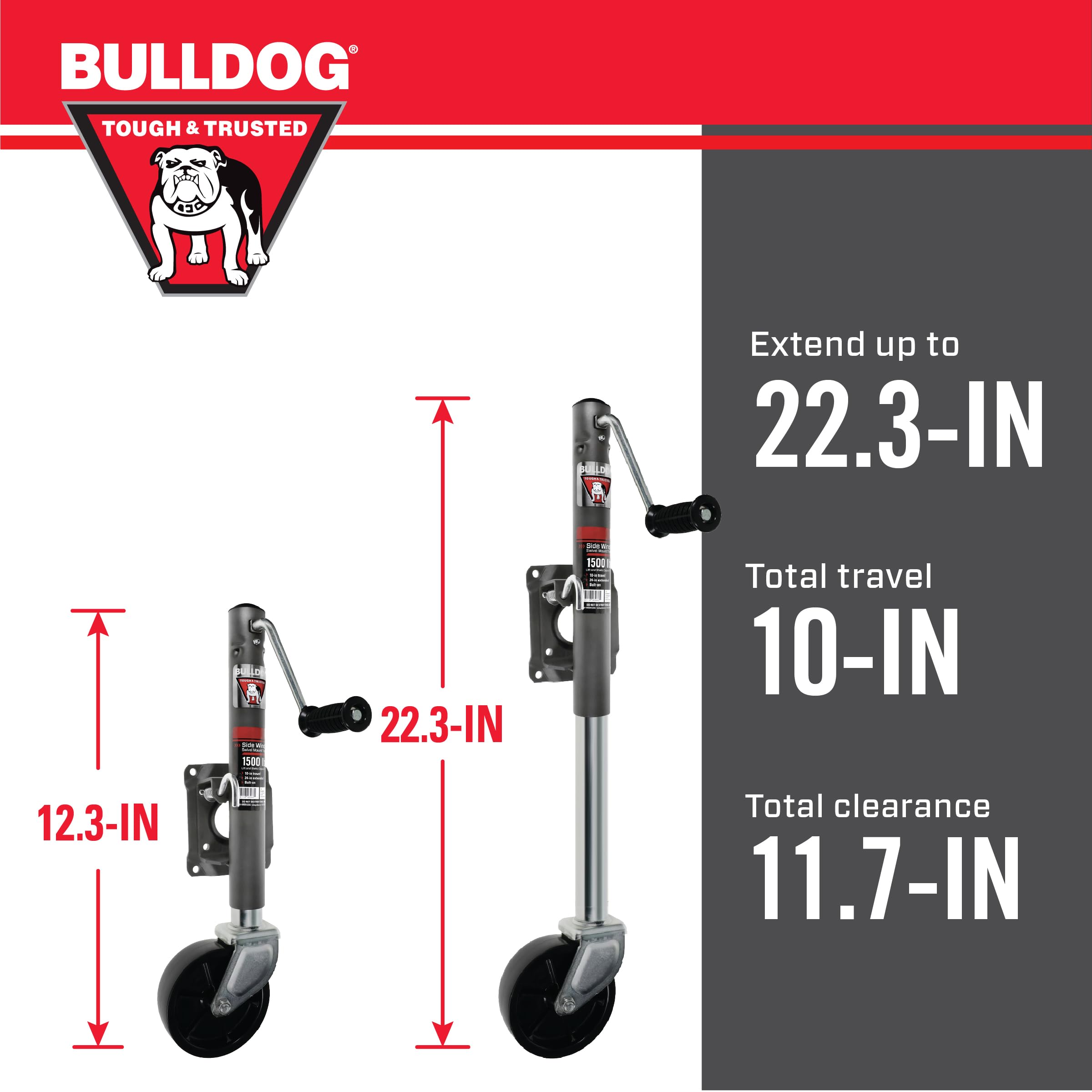 Round Bulldog 151444 Trailer Jack, Side Mount, 1,500 lbs. Lift Capacity, Sidewind, Bolt-On, 10 Inch Travel