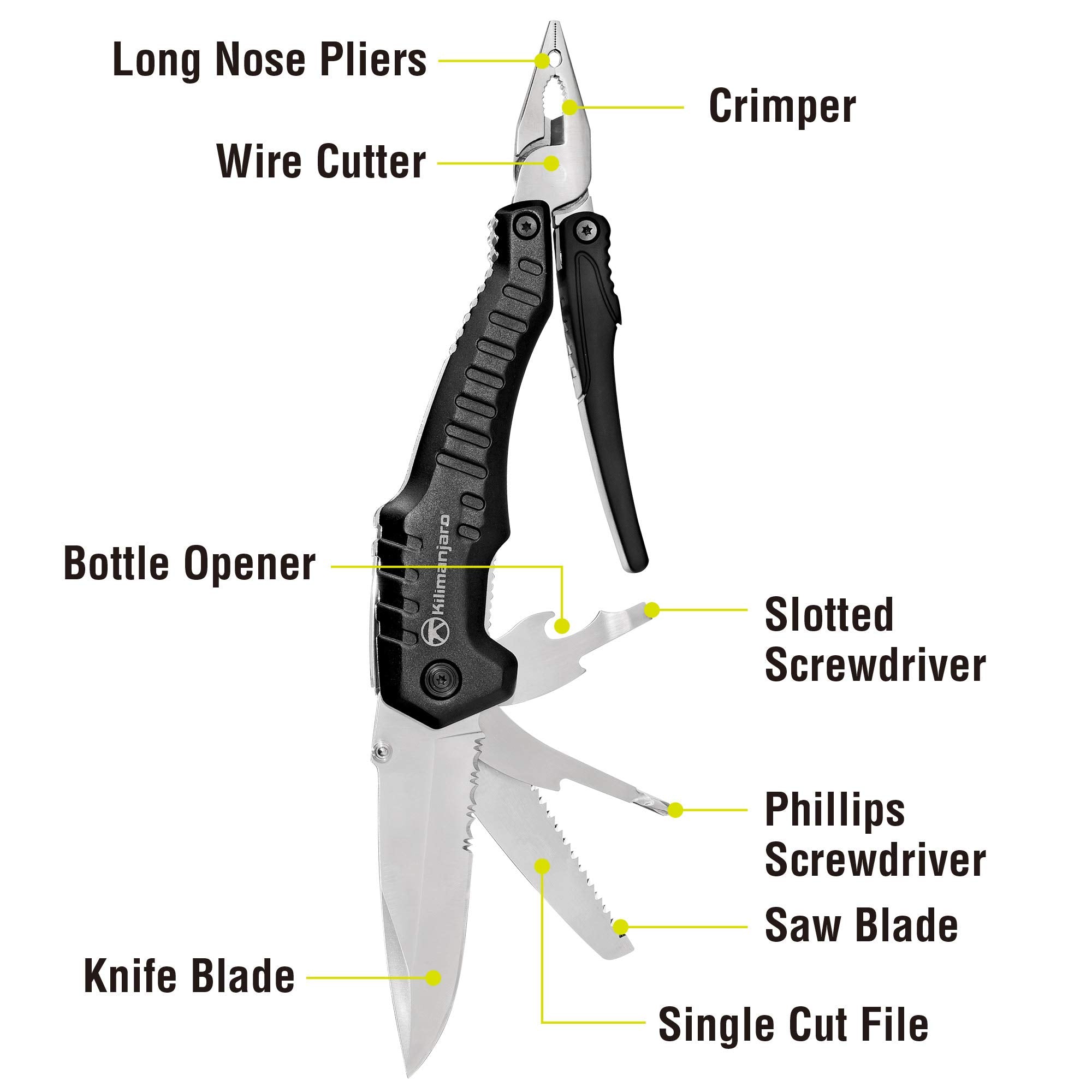Magnus Multifunction Kilimanjaro Multi-Tool, Full-Size Pliers, Blade Cuts Wood, Hose, Rope, Screwdriver, Wire Cutter, 8-1/2 Inches - 910056, Black