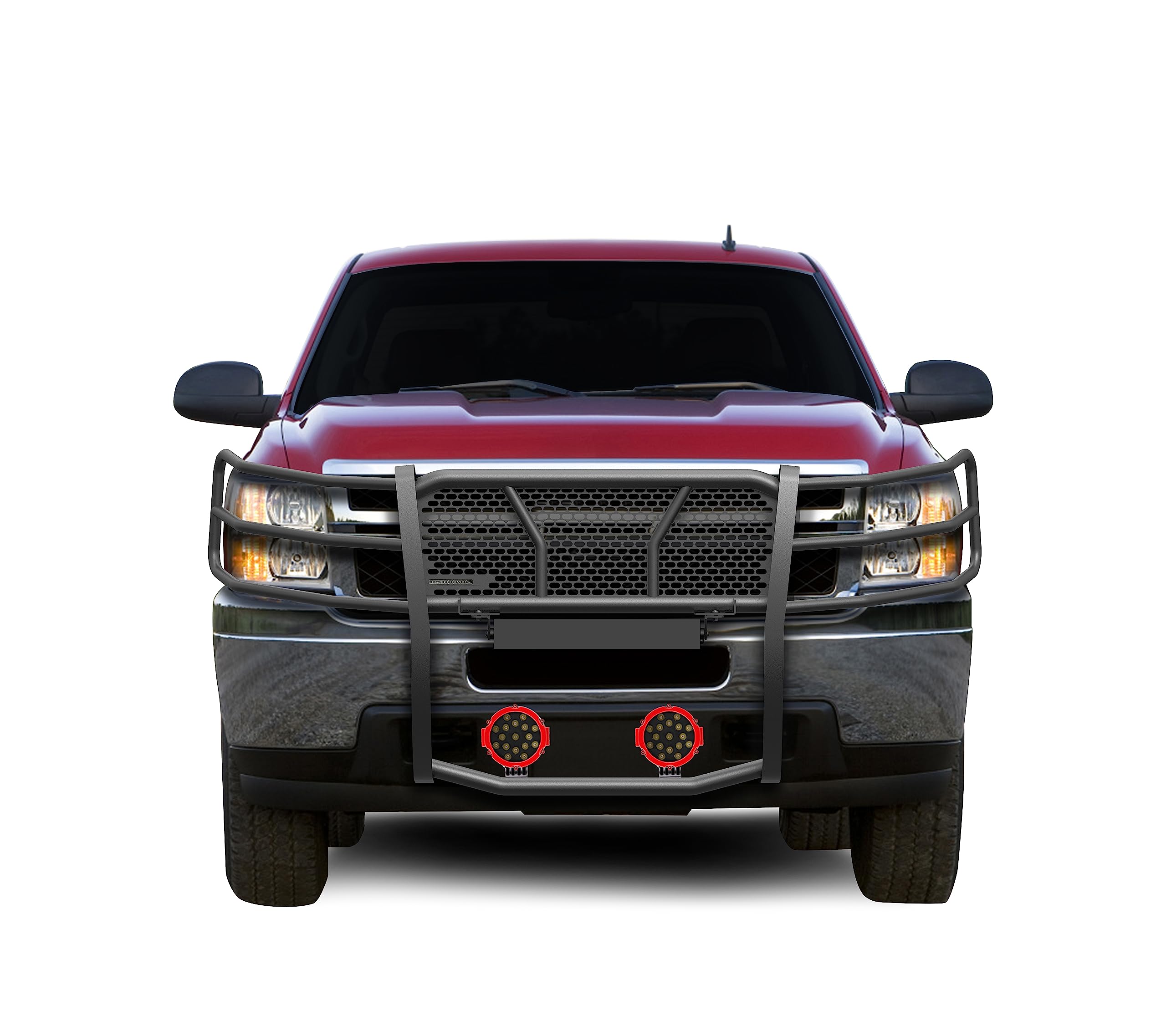 Heavy Duty Black Horse Rugged Grille Brush Bumper Guard Modular Black Come with Pair of 7.0" Dia.LED Lights with Red Trim Rings Compatible with 2007-2013 Chevrolet Silverado 1500-RU-CHSI07-B-PLR