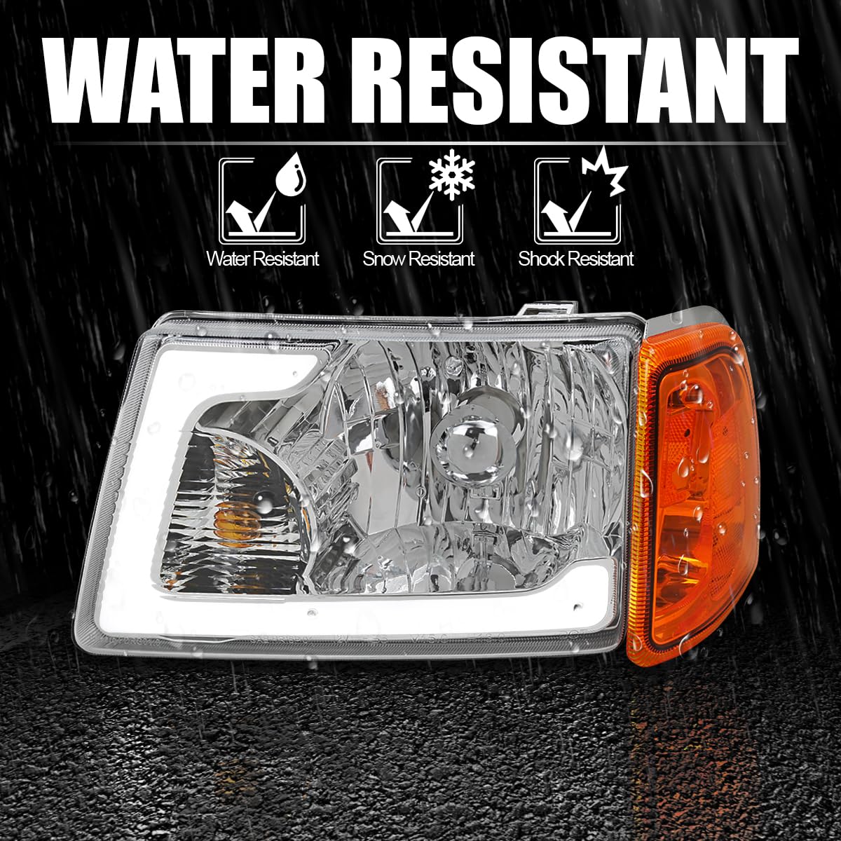 Chrome LED Tube Headlights SPEC-D TUNING Compatible with 2001-2011 Ford Ranger, Left + Right Pair Headlamps Assembly