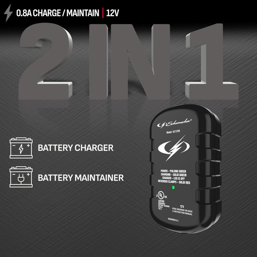 0.8A Schumacher Electric Car Battery Charger and Maintainer, 2-in-1 Solution, for 12V Power Sport, Automotive, and Marine Batteries, SC1299