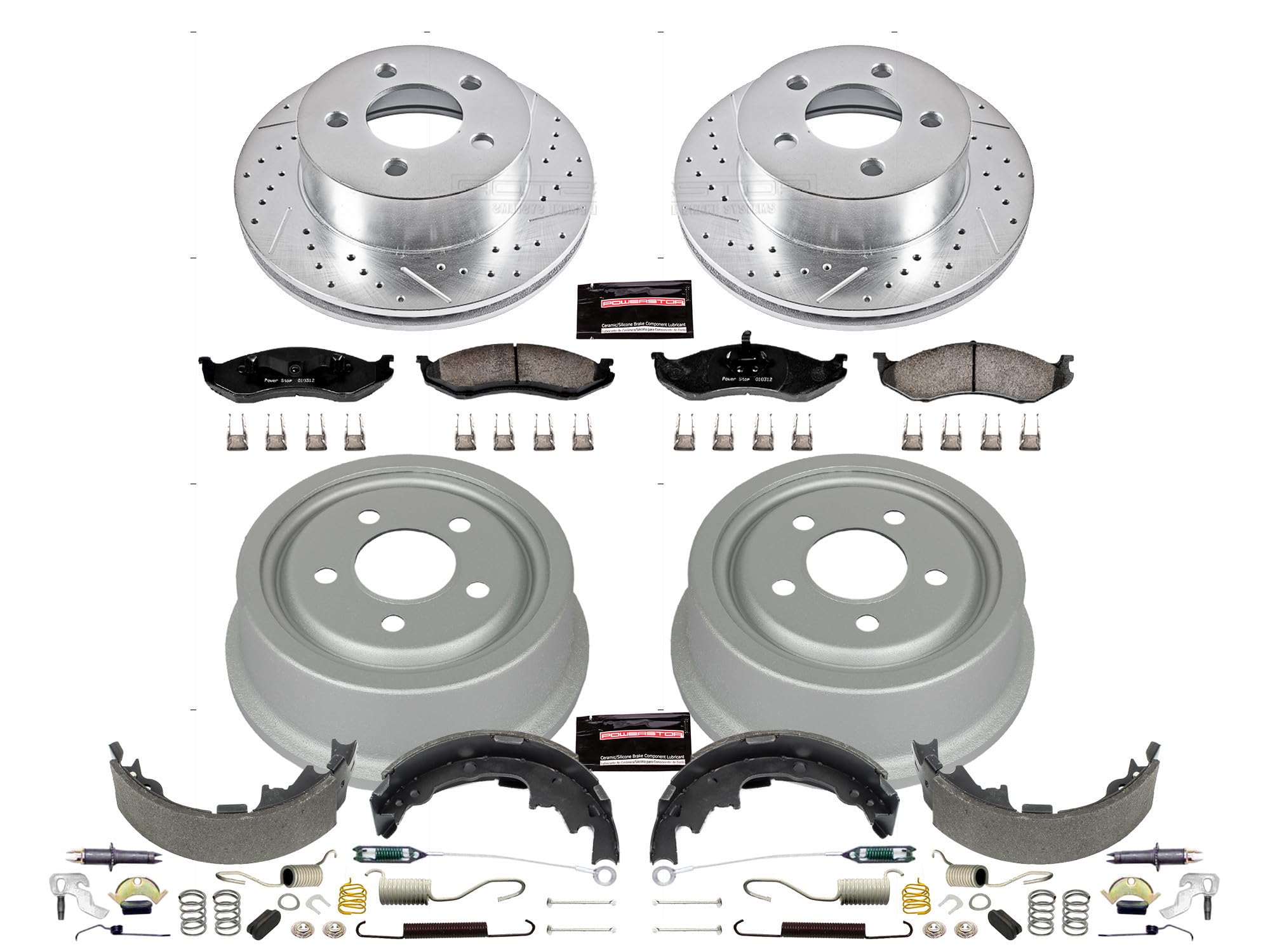 Power Stop K15215DK Z23 Carbon Fiber Brake Pads Front and Rear with Drilled & Slotted Brake Drums Kit For Jeep Wrangler 2001-2006 [Model Specific]