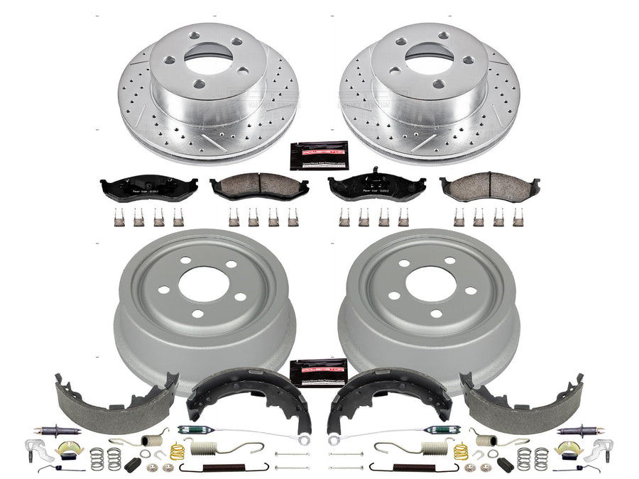 Power Stop K15215DK Z23 Carbon Fiber Brake Pads Front and Rear with Drilled & Slotted Brake Drums Kit For Jeep Wrangler 2001-2006 [Model Specific]