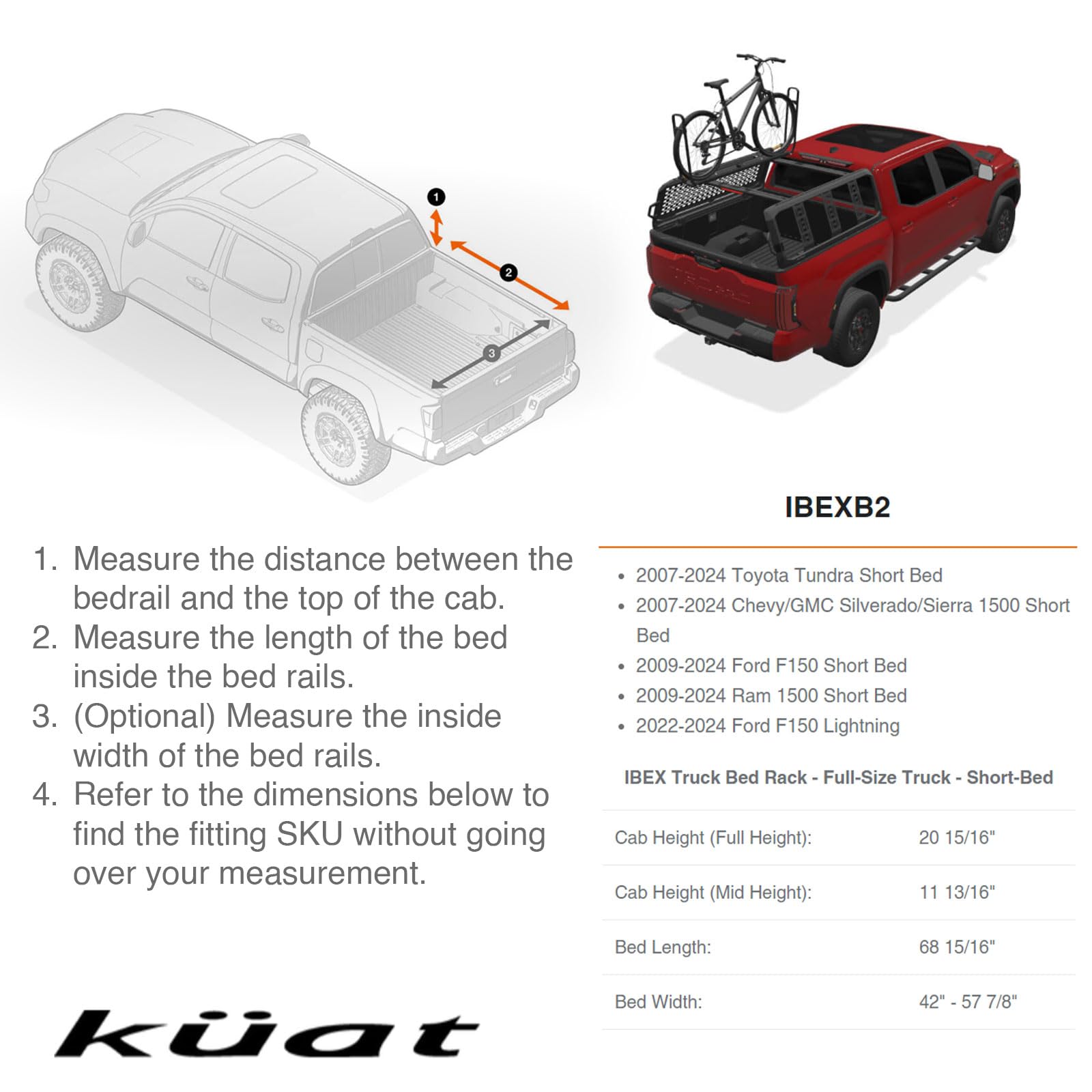 KUAT Ibex Durable Versatile Lightweight Aluminum Adjustable Truck Bed Rack - Stainless Steel Hardware Included | 1,200 LBS Static & 300 LBS Dynamic Weight Capacity, IBEXB2 - Full-Size - Short-Bed