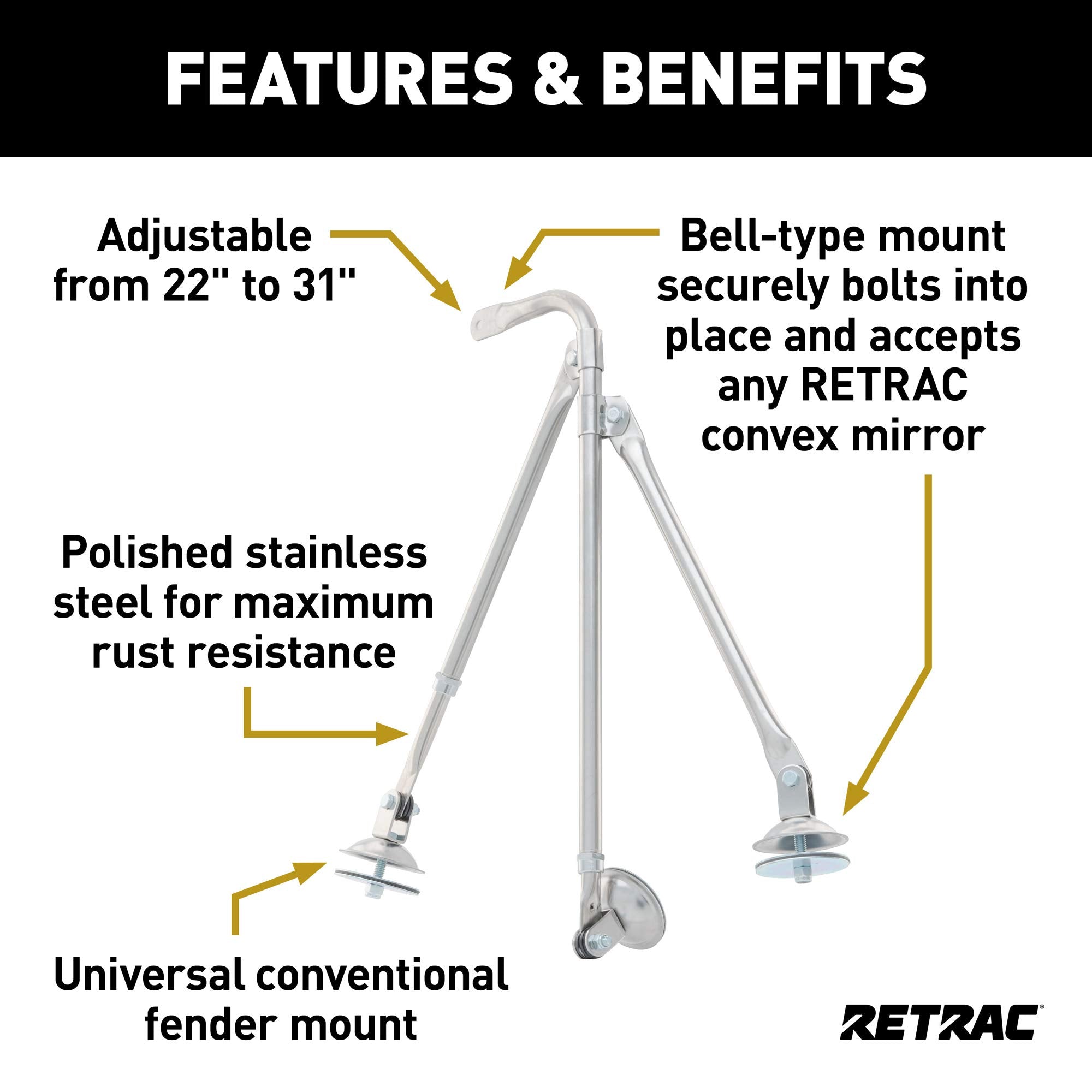 Fender-Mount Retrac 604677 Stainless Steel Safety Mirror Mounting Assembly, 22 to 31-Inch Adjustment, Universal Driver or Passenger Side