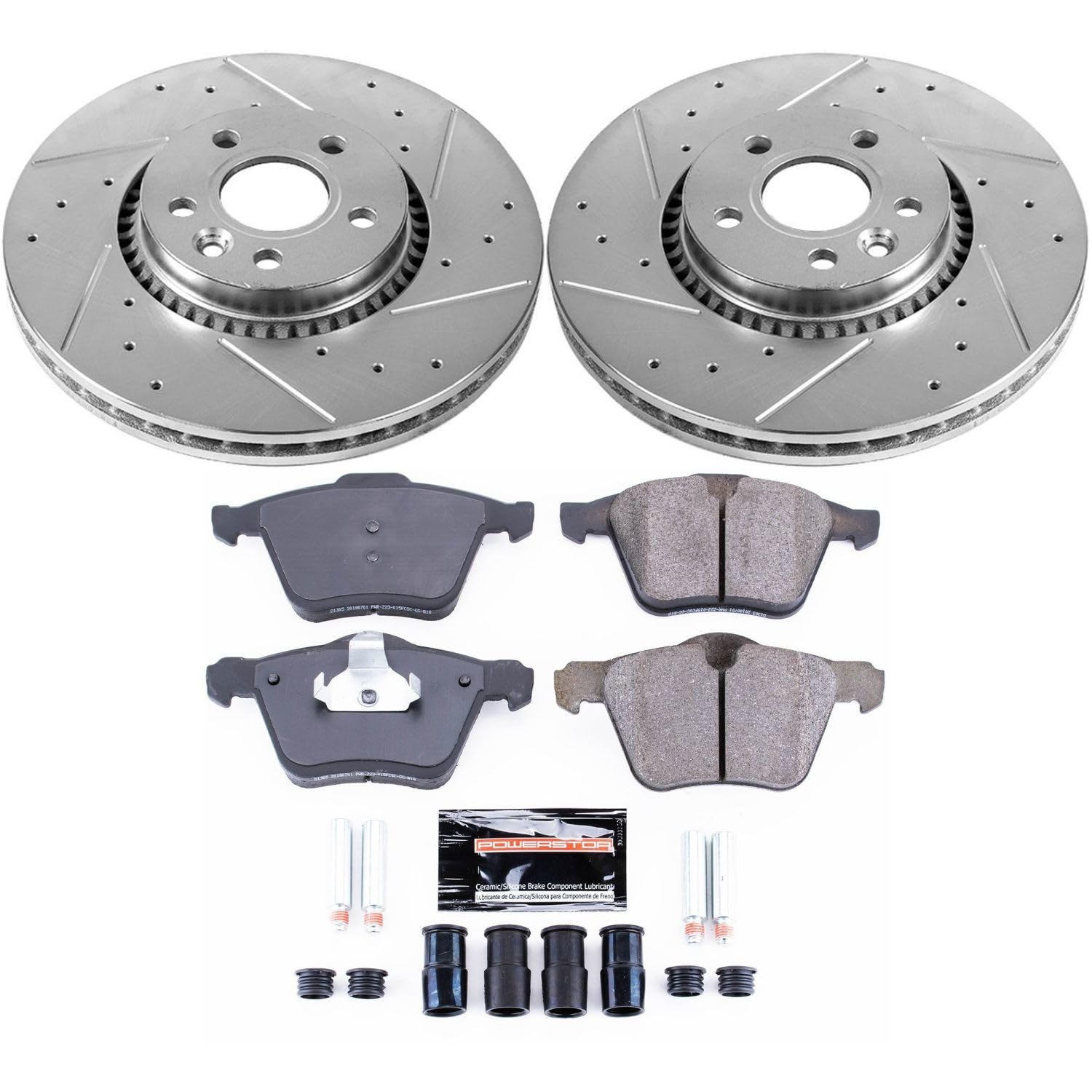 Power Stop K4698 Z23 Daily Driver Front Carbon-Fiber Ceramic Brake Pads and Drilled and Slotted Rotors Kit For S60, S60 Cross Country, S80, V60, V60 Cross Country, XC70 [Model Specific]