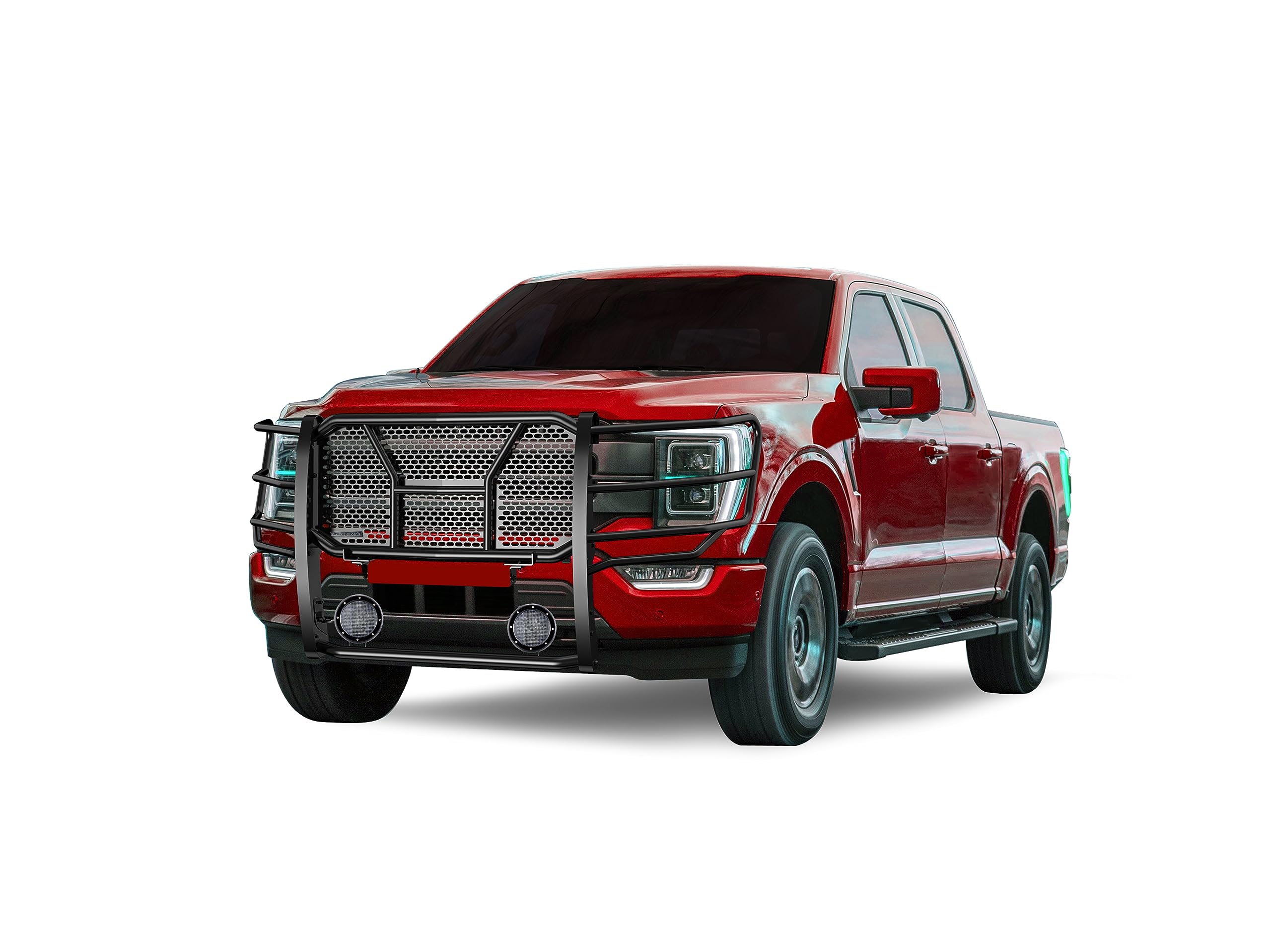 Heavy Duty Black Horse Rugged Grille Brush Bumper Guard Modular Black Come with Pair of 5.3" Dia.LED Lights with Black Trim Rings Compatible with 2021-2024 Ford F-150-RU-FOF116-B-PLFB