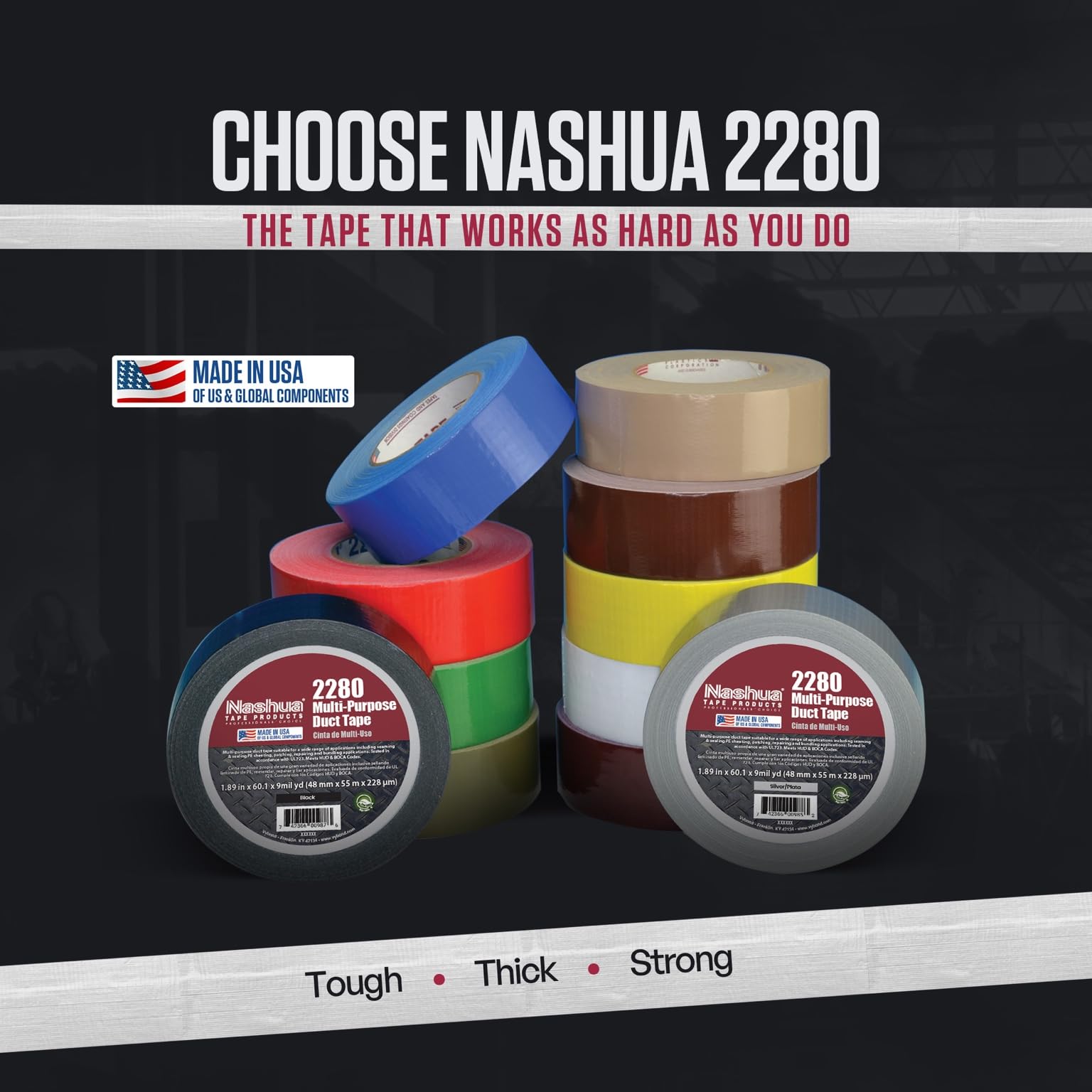 Black Nashua 2280 Duct Tape, All Purpose, Water Resistant, 1.89 Inch x 60 yds, 1 Roll