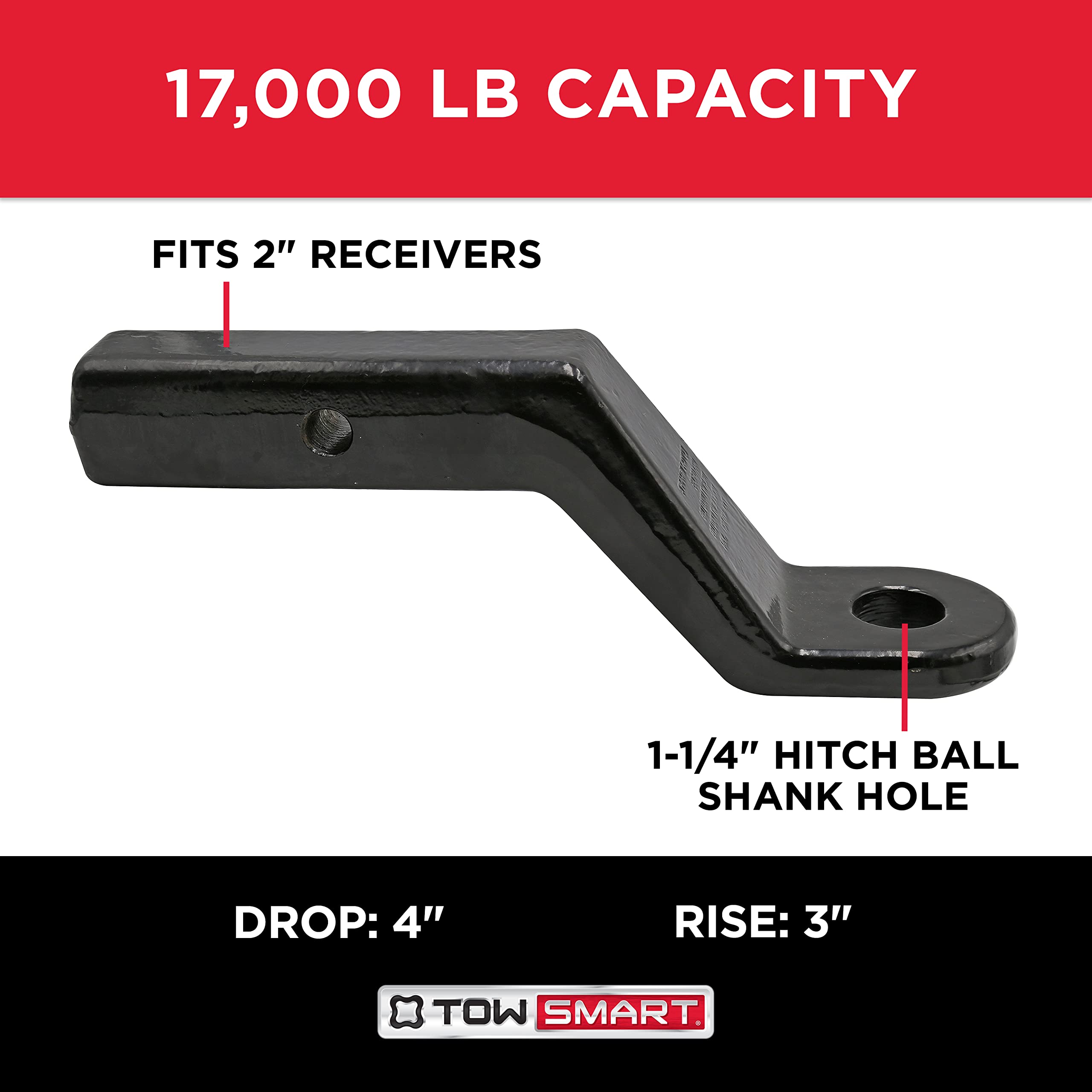 Class IV TOWSMART, 17,000 lb., 4 in. Drop x 3 in. Rise x 1-1/4 in. Shank Forged Steel Standard Trailer Hitch Ball Mount