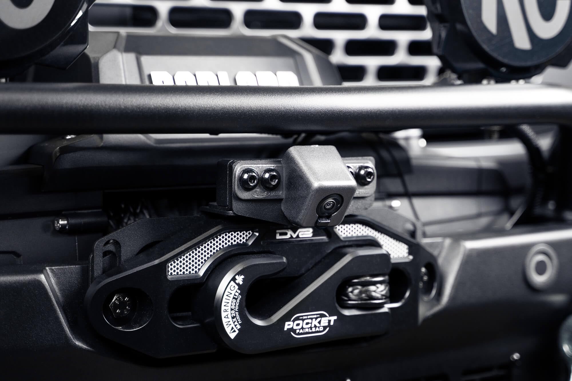 Front Camera Relocation Bracket DV8 Offroad for 2021-2025 Ford Bronco | Corrects 360 View with Winch Bumper | Includes Extended Camera Optical Cable & Spray Hose | Adjustable for Different Setups
