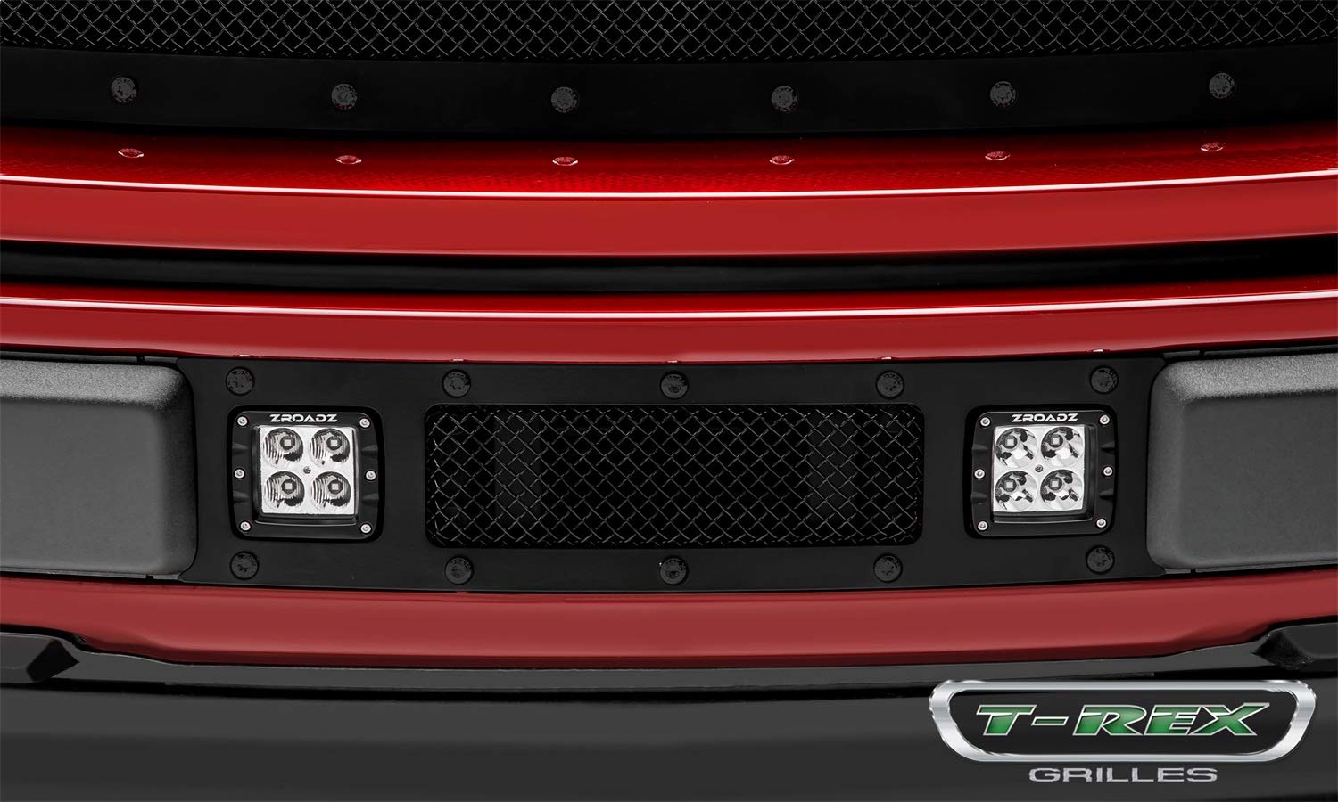 T-Rex Grilles Stealth Torch Bumper Grille 2018-2020 F-150 Limited, Lariat, Black, 1 Pc, Replacement, Black Studs with (2) 3 Inch LED Cube Lights - PN #6325791-BR