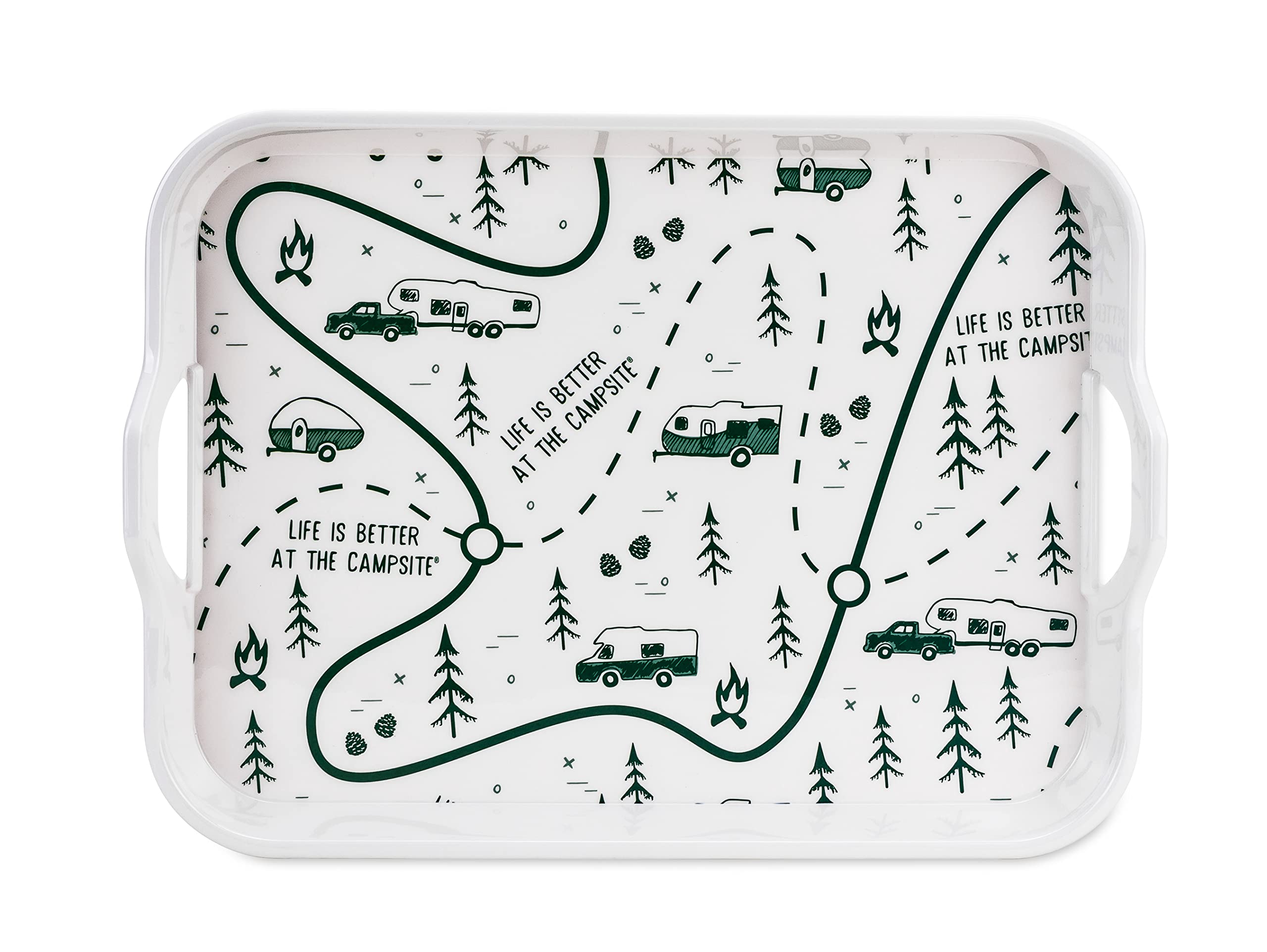 Camco Melamine RV Serving Tray is Better at The Campsite - Features RV & Map Themed Design - Great for Kitchen Prep, Picnics, Grilling, and More - Serving Platter is Dishwasher Safe (53488)