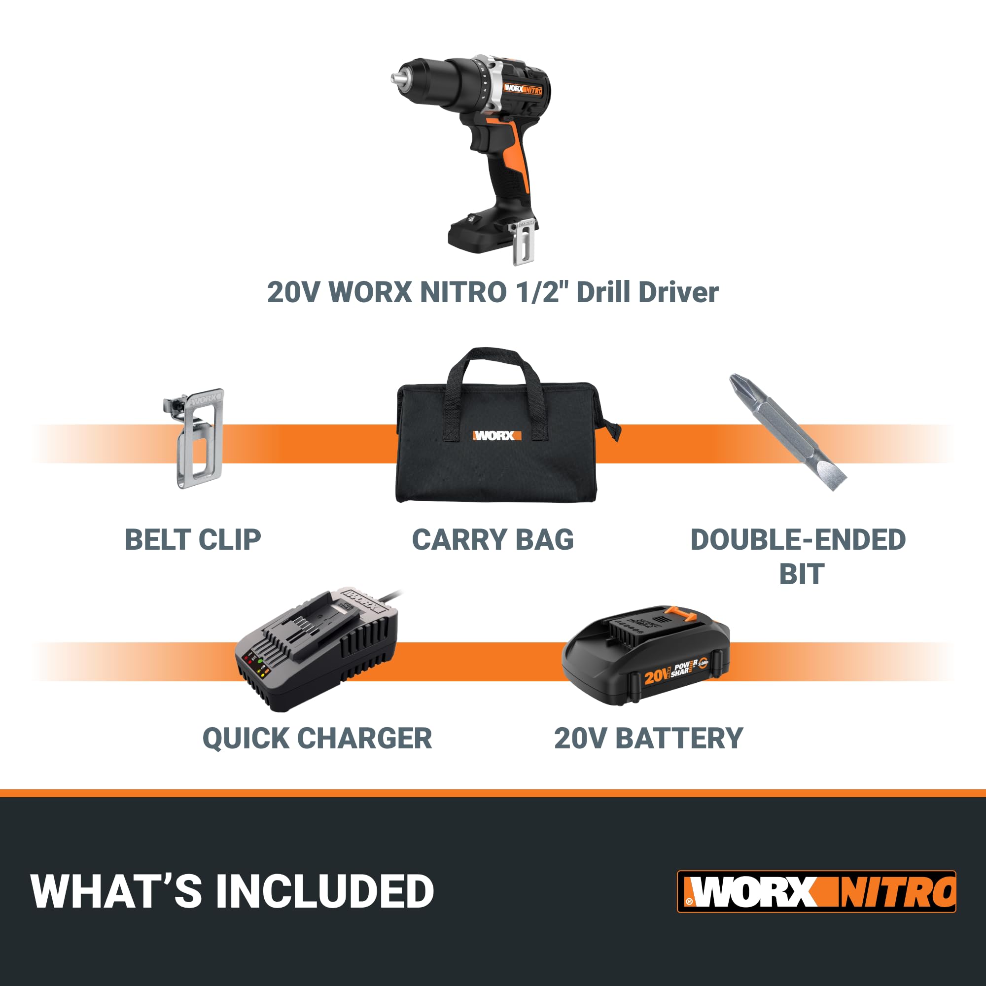 20V Worx Nitro 1/2" Cordless Brushless Drill Driver - 535 in-lbs. Torque, Heavy-Duty 1/2" Chuck, Drill Set with Storage Bag, Power Share Compatible - Battery & Charger Included