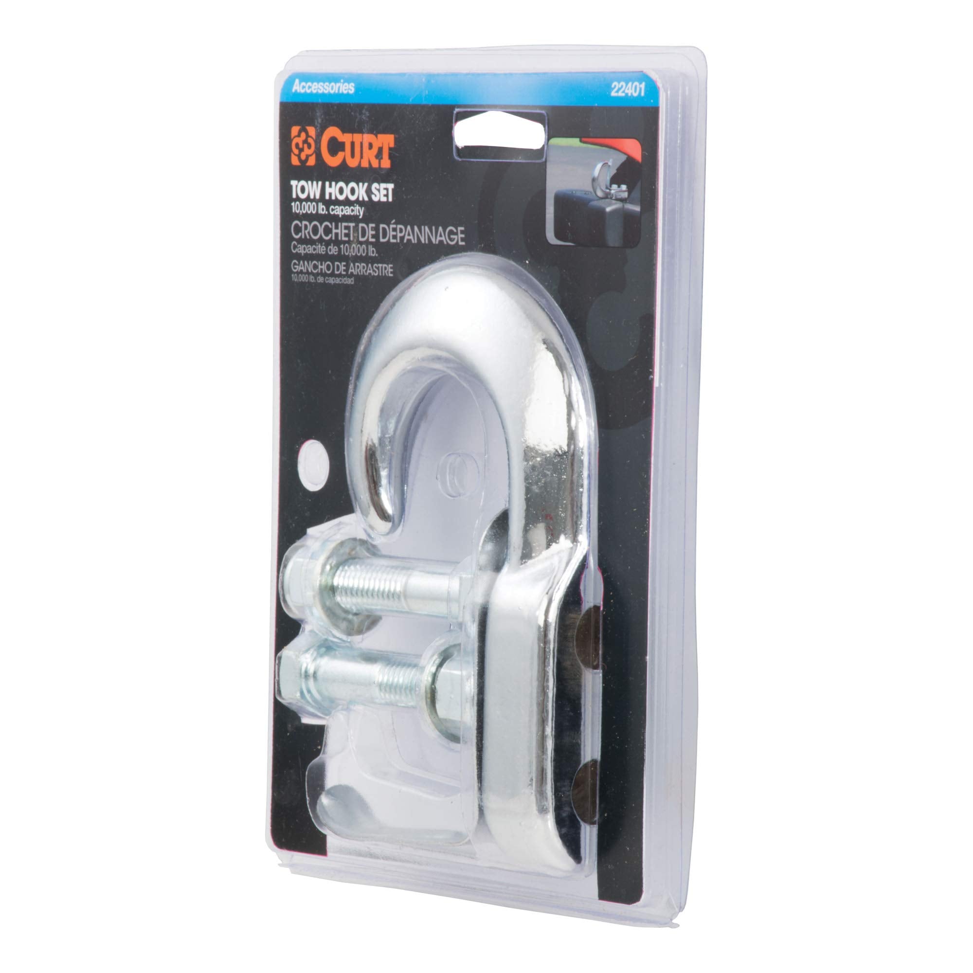 CURT Bolt-On Chrome Steel Tow Hook with Spring Clip, 10,000 lbs Capacity 22401