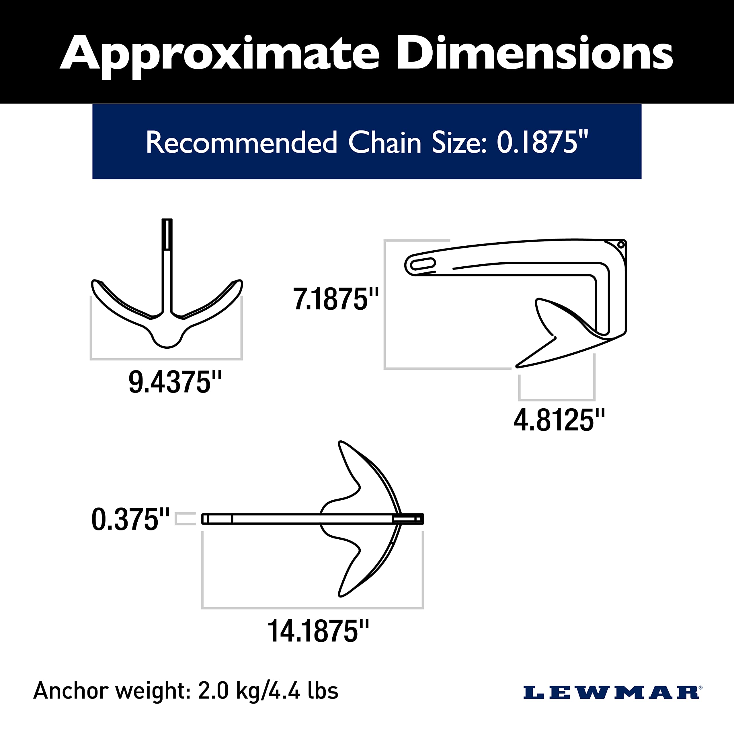 Galvanized Steel Lewmar Claw Anchor 4.4 lbs. for Boats 17'-23', Bruce-Style Claw for Quick Setting, Bow Roller Compatible, Measures 14-3/16” L x 9-7/16” W x 5-1/4” H - 2020202242
