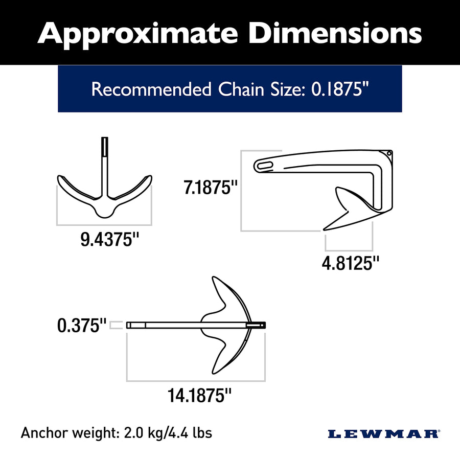 Galvanized Steel Lewmar Claw Anchor 4.4 lbs. for Boats 17'-23', Bruce-Style Claw for Quick Setting, Bow Roller Compatible, Measures 14-3/16” L x 9-7/16” W x 5-1/4” H - 2020202242
