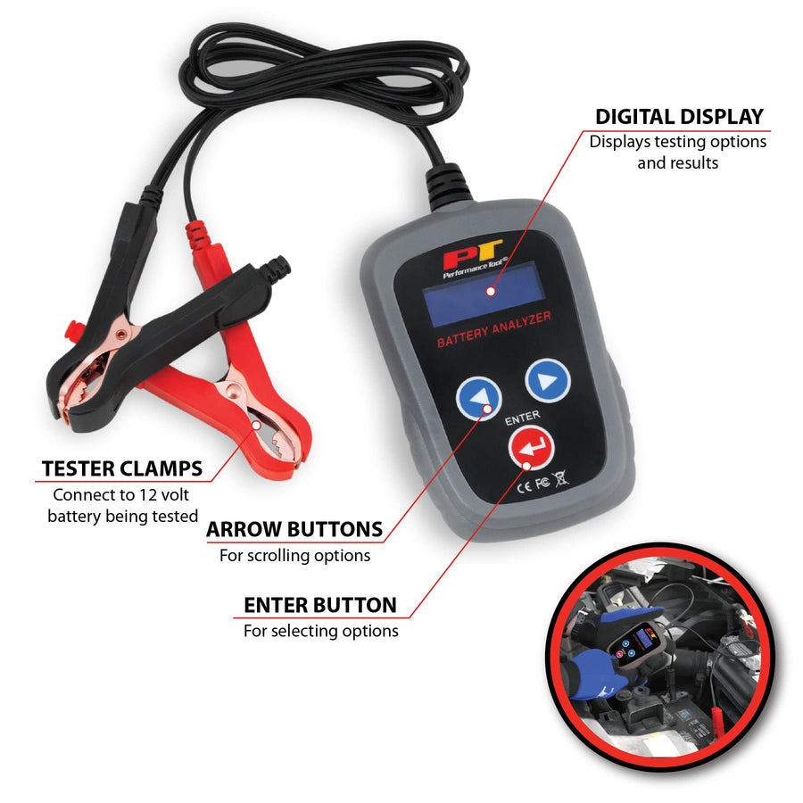 Digital Performance Tool W2998 12 Volt Portable Battery Analyzer (200-1200 Battery Types: LA, AGM, and Vrla), 1 Pack Black
