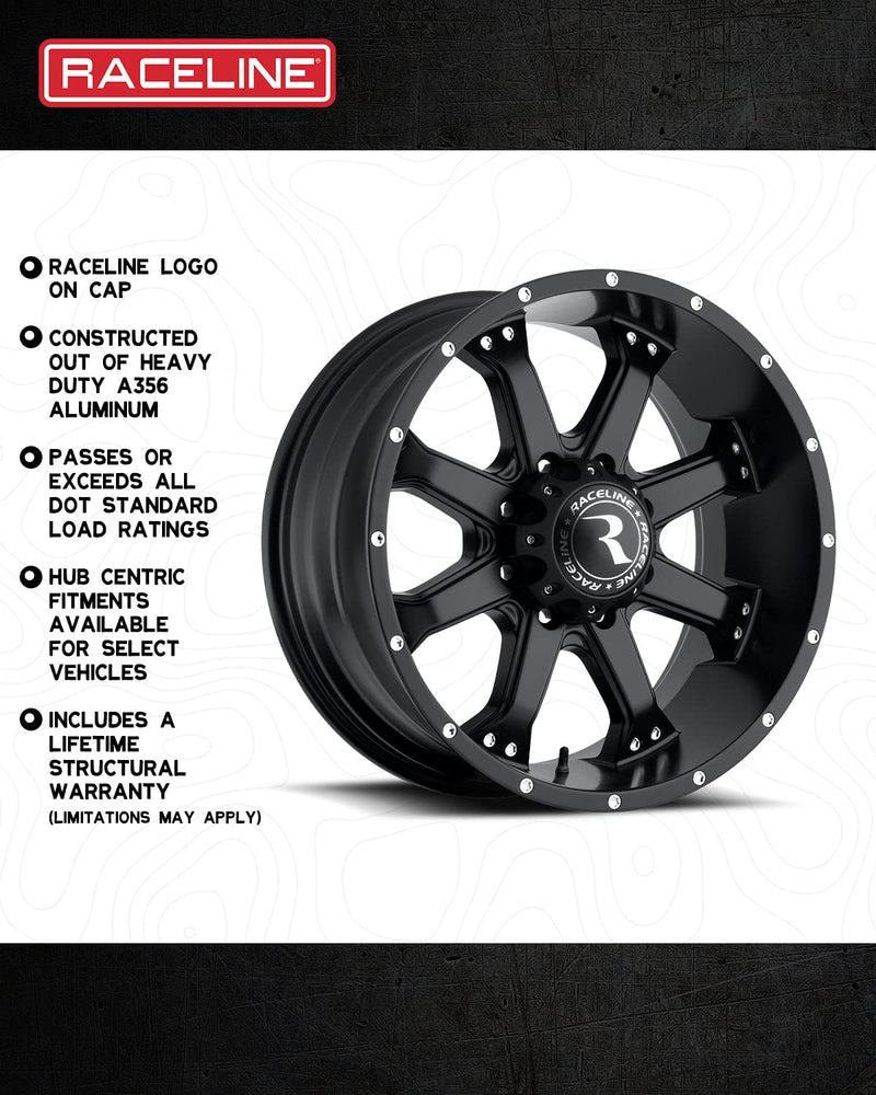 20X9"6X139.7 Raceline Wheels ASSAULT Wheel Black +30mm Offset/(6.18"B/S) 8 Spoke Aluminum Passenger Car Wheels, Full Size Replacement Black Car Rims