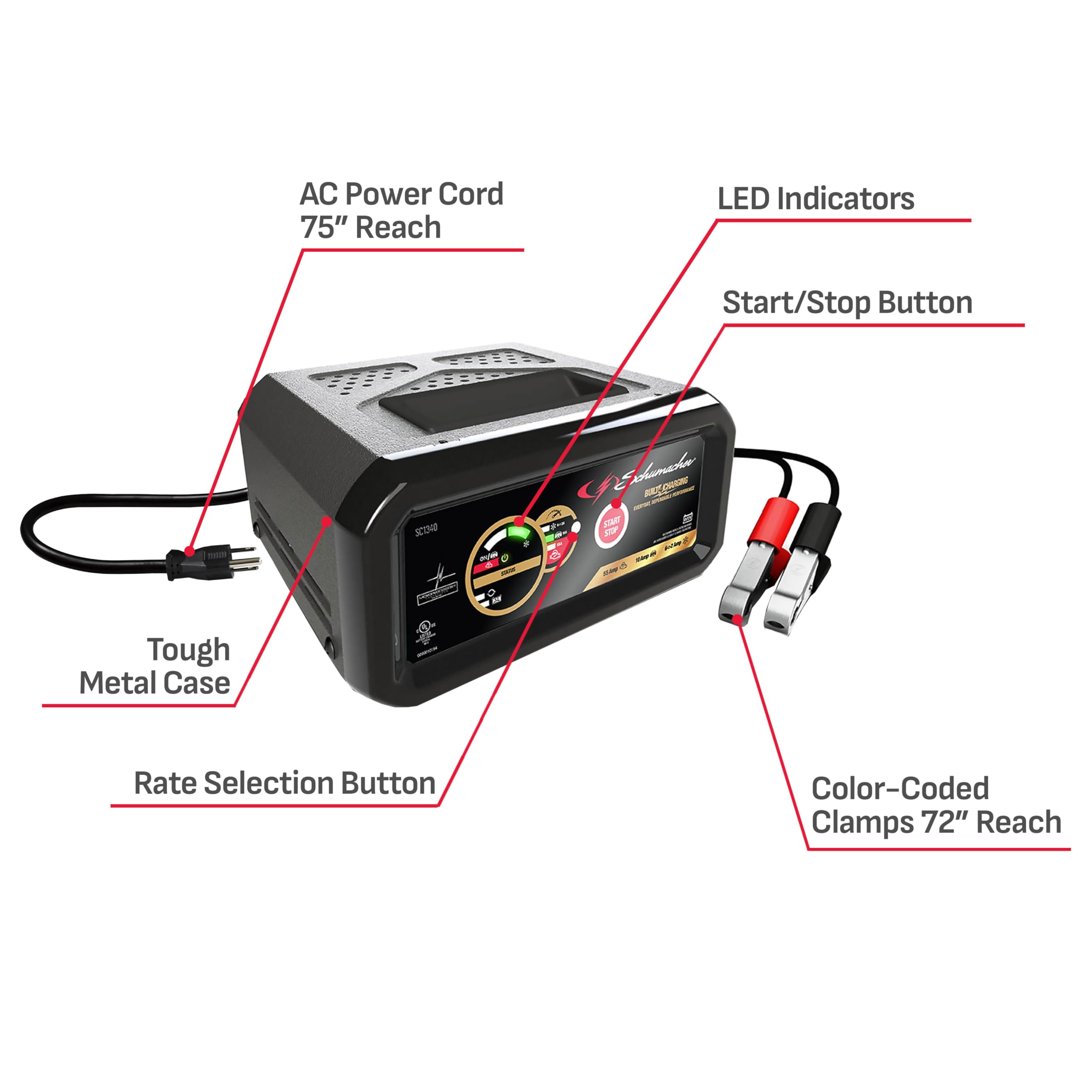 6A Schumacher Electric Car Battery Charger and 55A Engine Starter, 4-in-1 Solution, Maintainer, 10A Boost, for 6V/12V Power Sport, Automotive, and Marine Batteries, SC1340