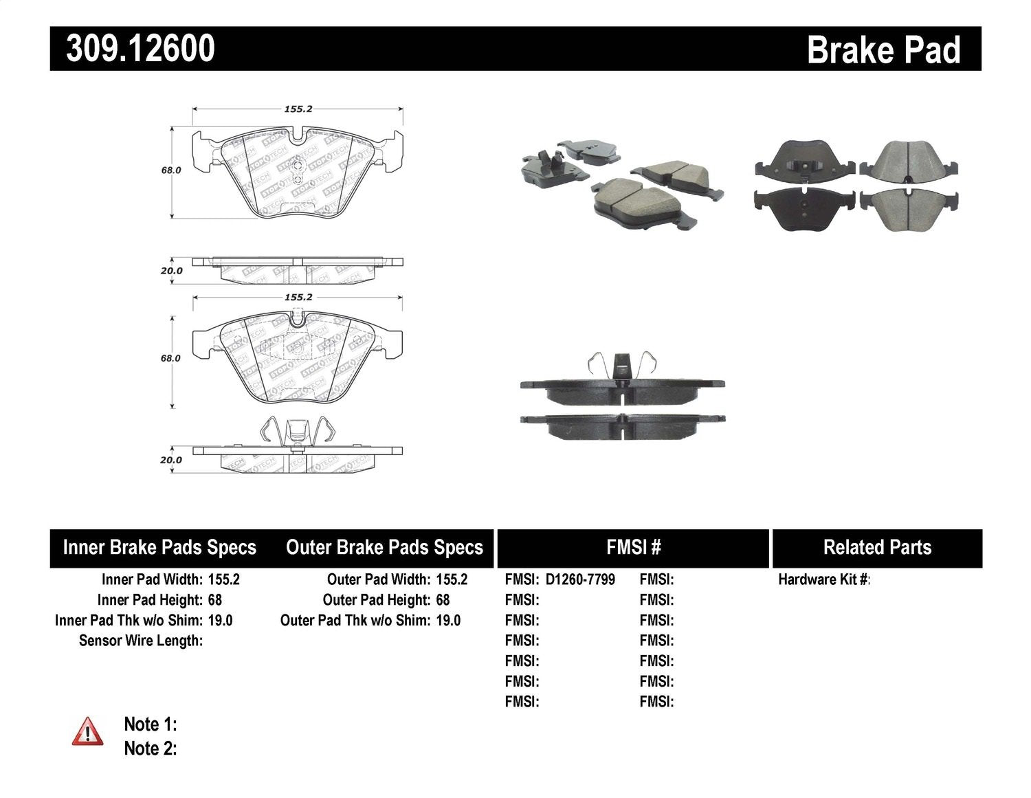 Sport Brake Pads StopTech 309.12600 with Shims and Hardware