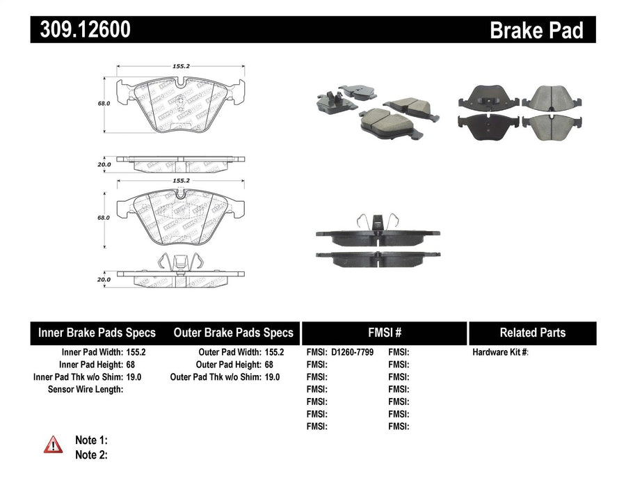 Sport Brake Pads StopTech 309.12600 with Shims and Hardware