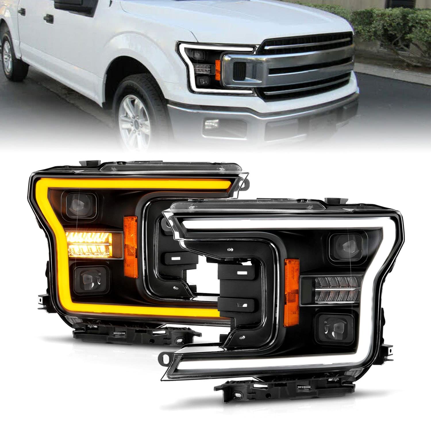 18-20 Ford F-150 Anzo USA (w/o Fctry LED) Full LED Proj Headlights w/Light Bar Swtchbk Seq. Black w/Init (111570)