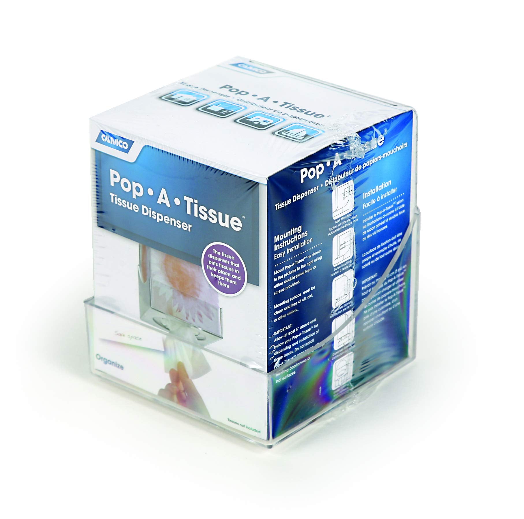 Camco Tissue Box Holder- Pop-A-Tissue- Mounts to Walls and Cabinets, Dispenses Tissue and Holds Tissue Boxes Upward or Downward- Perfect for RVs and Trailers, Easy Install - Clear (57101)