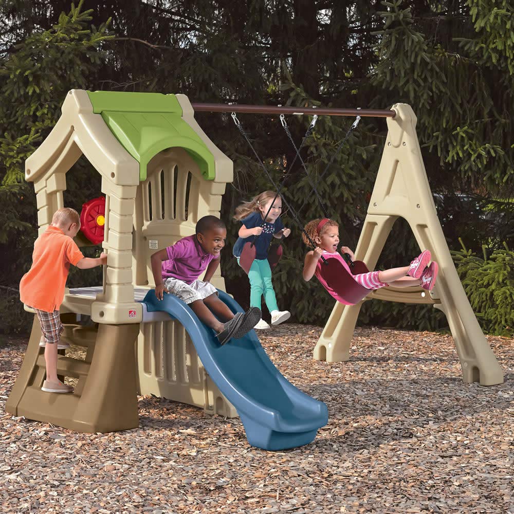 Step2 Play Up Gym Set for Kids, Backyard Slide, Outdoor Swing Set, Swings, Playhouse, & Crawl Space, Two Tier, Easy Set Up, Toddlers Ages 3-6 Years Old