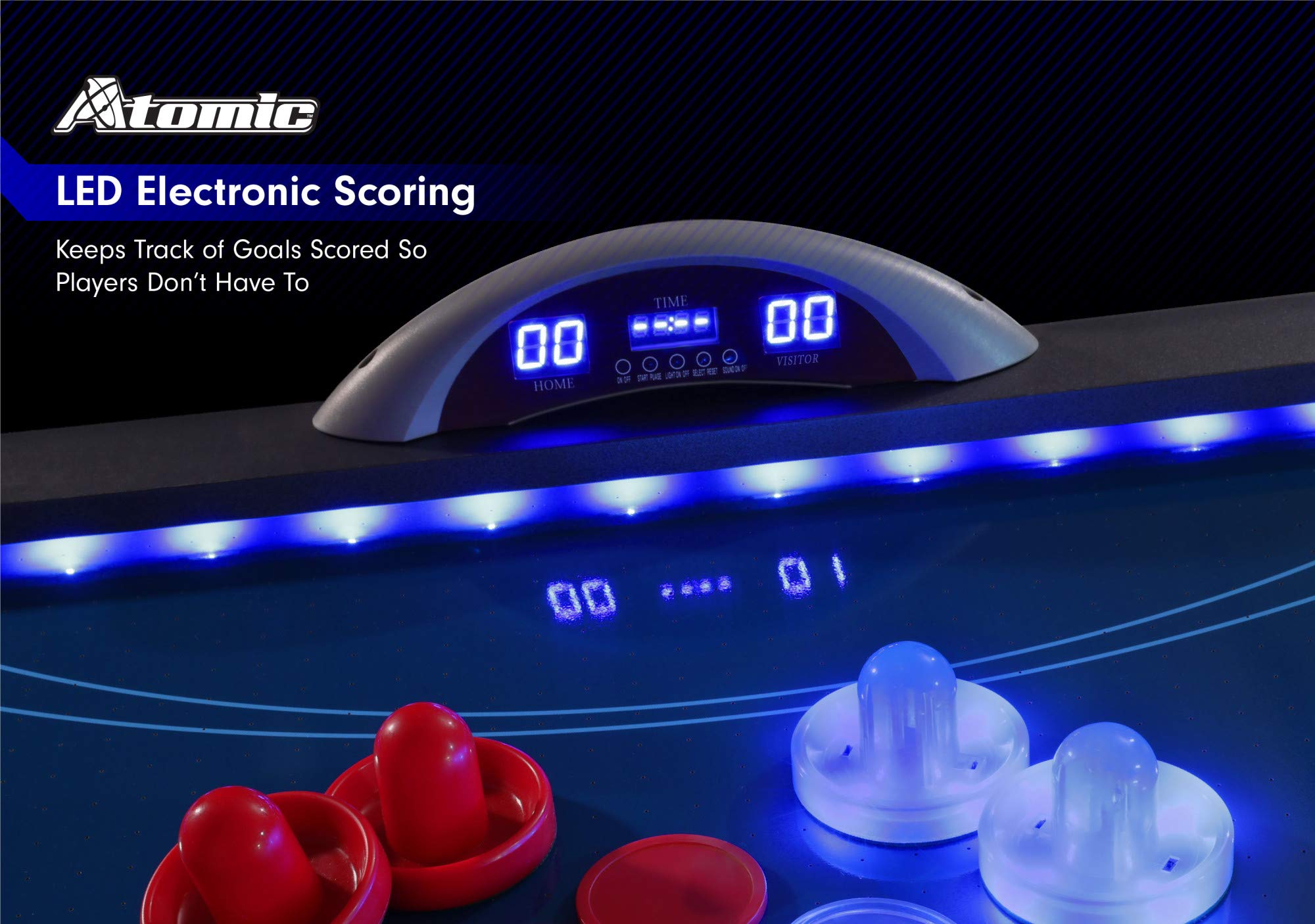 90” Atomic Indiglo LED Light UP Arcade Air Powered Hockey Table - Includes Light Up Pucks and Pushers, Grey