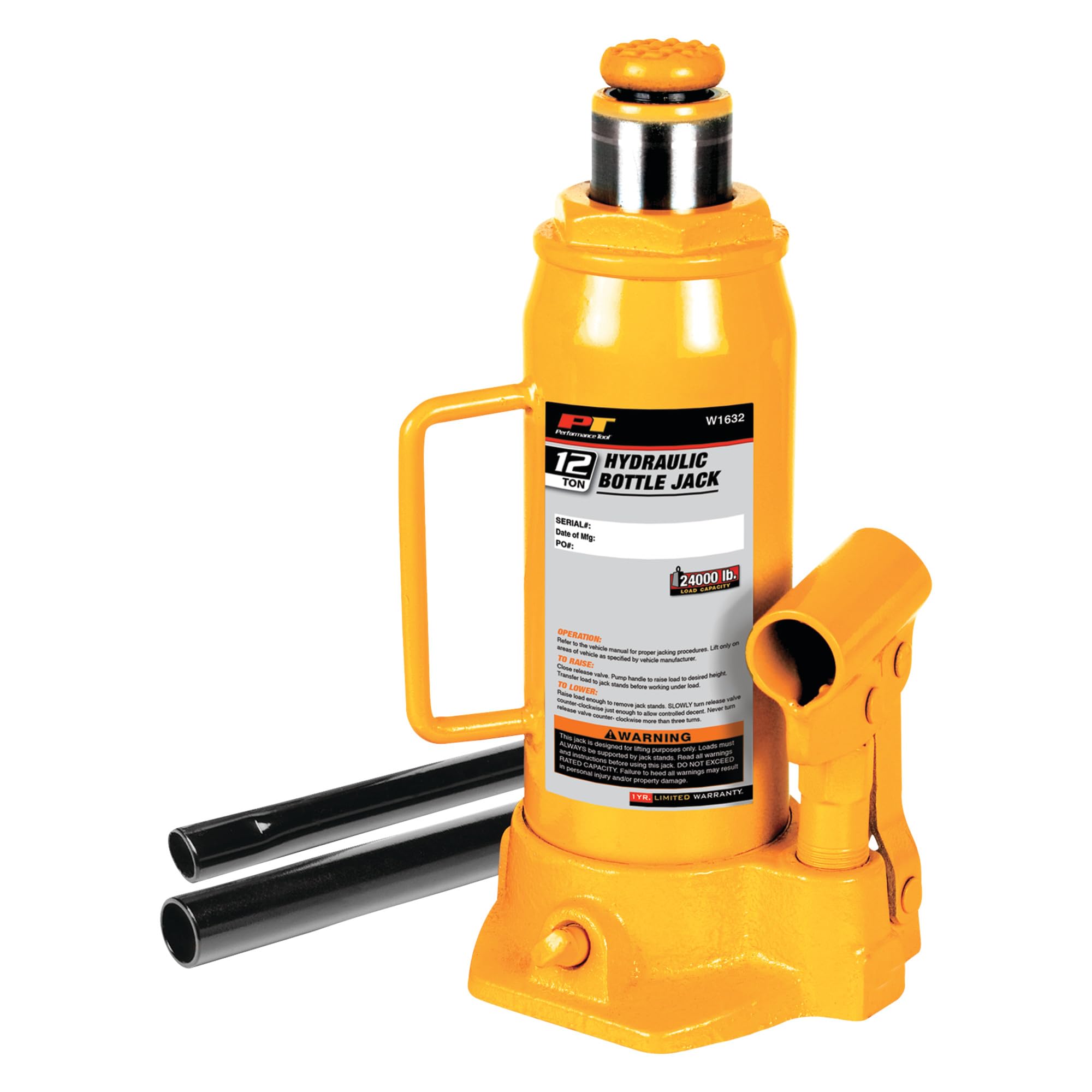 12 Ton Performance Tool W1632 Heavy Duty Hydraulic Bottle Jack, Yellow (24,000 lbs.)