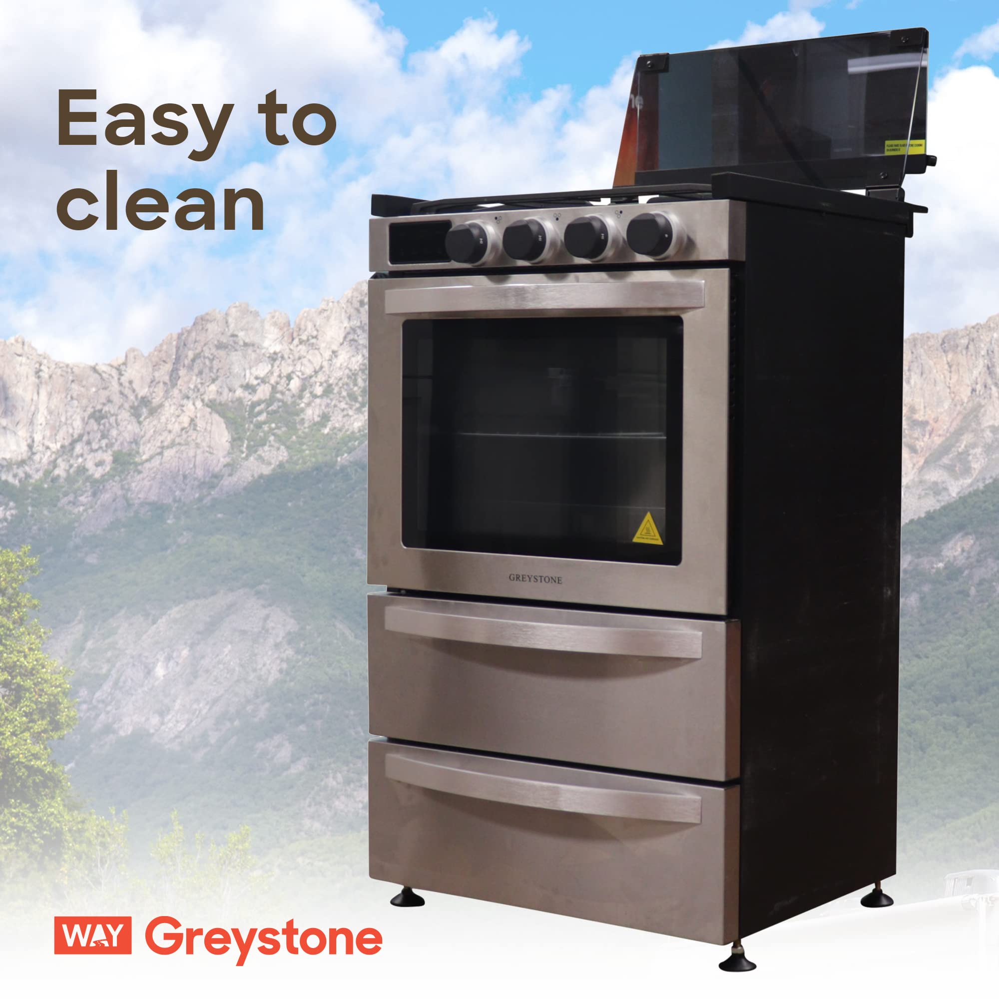 21 Inch Greystone Freestanding RV Gas Range, Stove and Oven Combo, 12 Volt, LP, 3 Burners, Stainless Steel