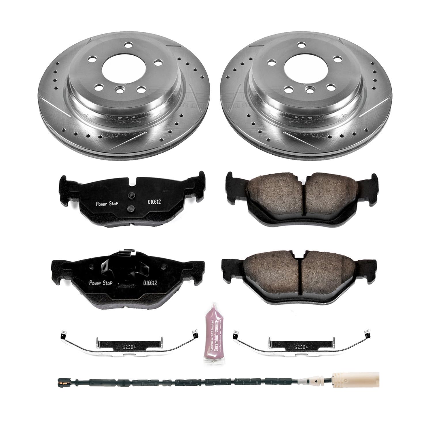Rear Power Stop K7008 Z23 Carbon Fiber Brake Pads with Drilled & Slotted Brake Rotors Kit For BMW X1 2013-2015 [Model Specific]